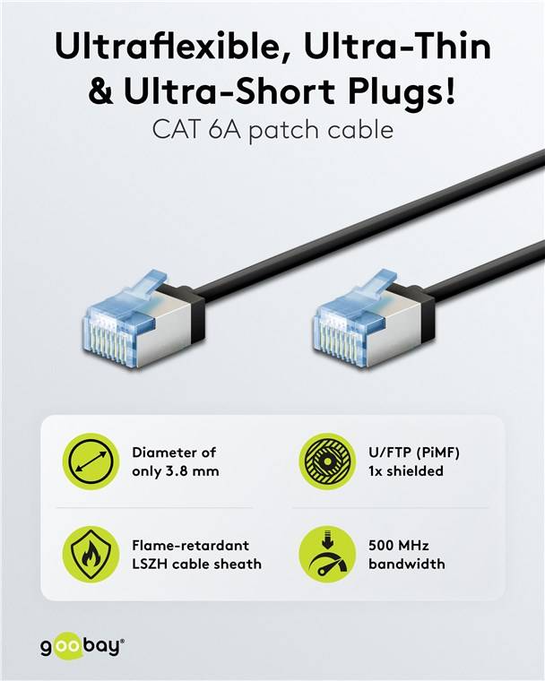 Goobay 74321 Ultraflexibles CAT 6A Patchkabel, slim, U/FTP, schwarz, 5 m - extrakurze Stecker, reiner Kupferleiter (CU), LSZH, TPE-Mantel, AWG 32