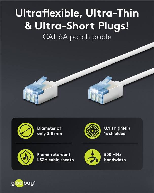 Goobay 74339 Ultraflexibles CAT 6A Patchkabel, slim, U/FTP, weiß, 7.5 m - extrakurze Stecker, reiner Kupferleiter (CU), LSZH, TPE-Mantel, AWG 32