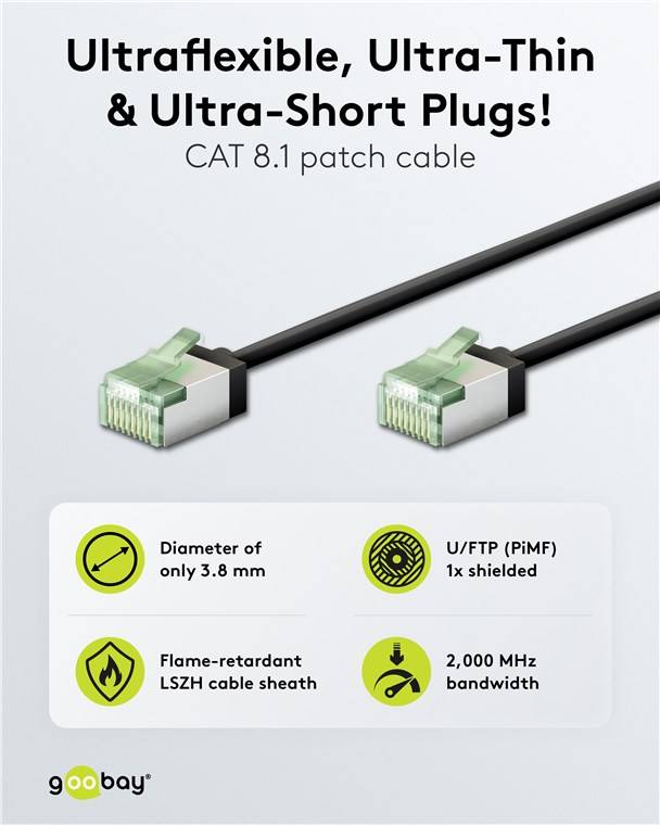 Goobay 74354 Ultraflexibles CAT 8.1 Patchkabel, slim, U/FTP, schwarz, 2 m - extrakurze Stecker, 99,9 % sauerstofffreier Kupferleiter (OFC), LSZH
