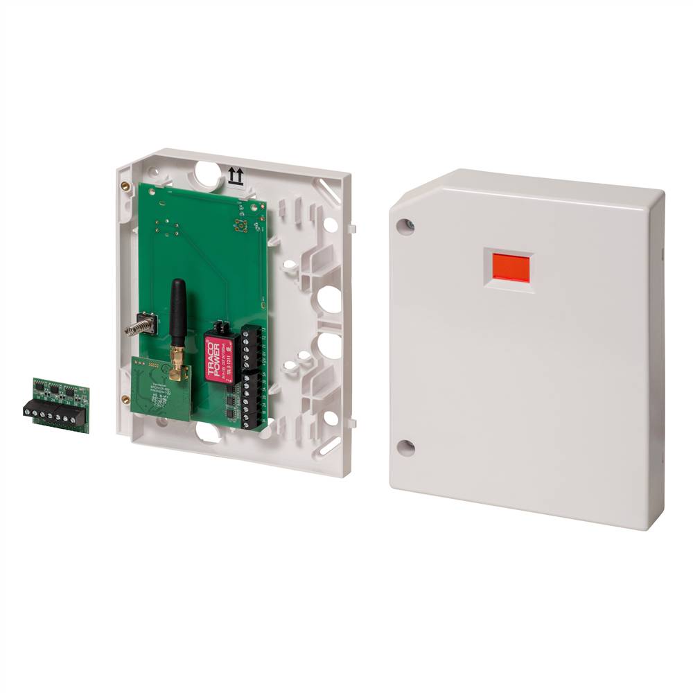 Weiße elektrische Schalttafel, geöffnet dargestellt, mit Platine und Antenne im Inneren, sowie separater Abdeckung mit kleinem orangefarbenem Anzeitefenster.