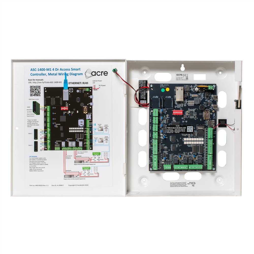 Zutrittskontroll-Controller in einem weißen Gehäuse neben seiner Installationsanleitung und seinem Schaltplan, mit beschrifteten Anschlussleisten und montierter Leiterplatte.