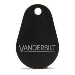 Schwarzes tropfenförmiges Schlüsselanhänger mit einem Loch oben und dem Wort „VANDERBILT