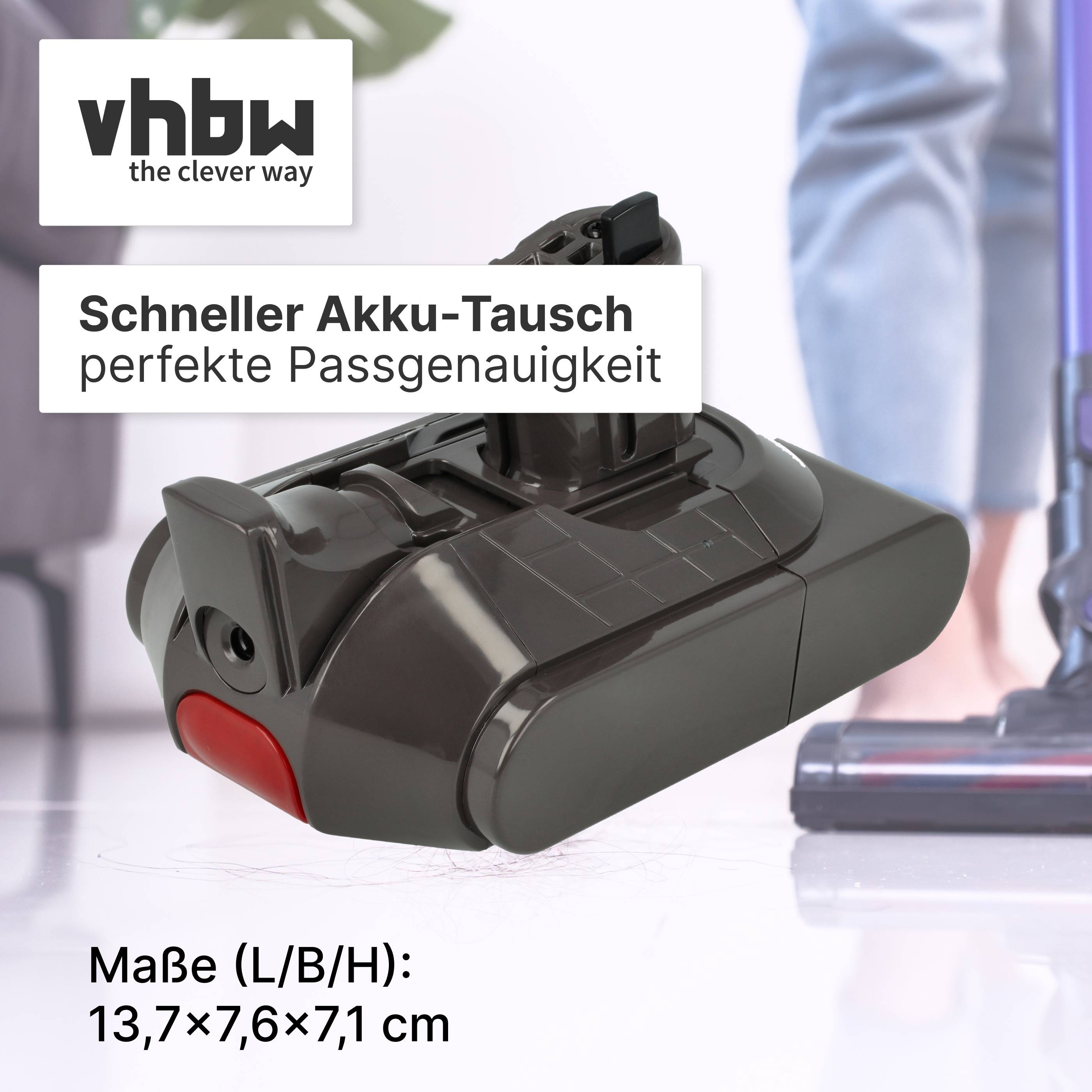 vhbw Akku-Pack mit Text "Schneller Akku-Tausch, perfekte Passgenauigkeit"" und Abmessungen 13,7×7,6×7,1 cm.