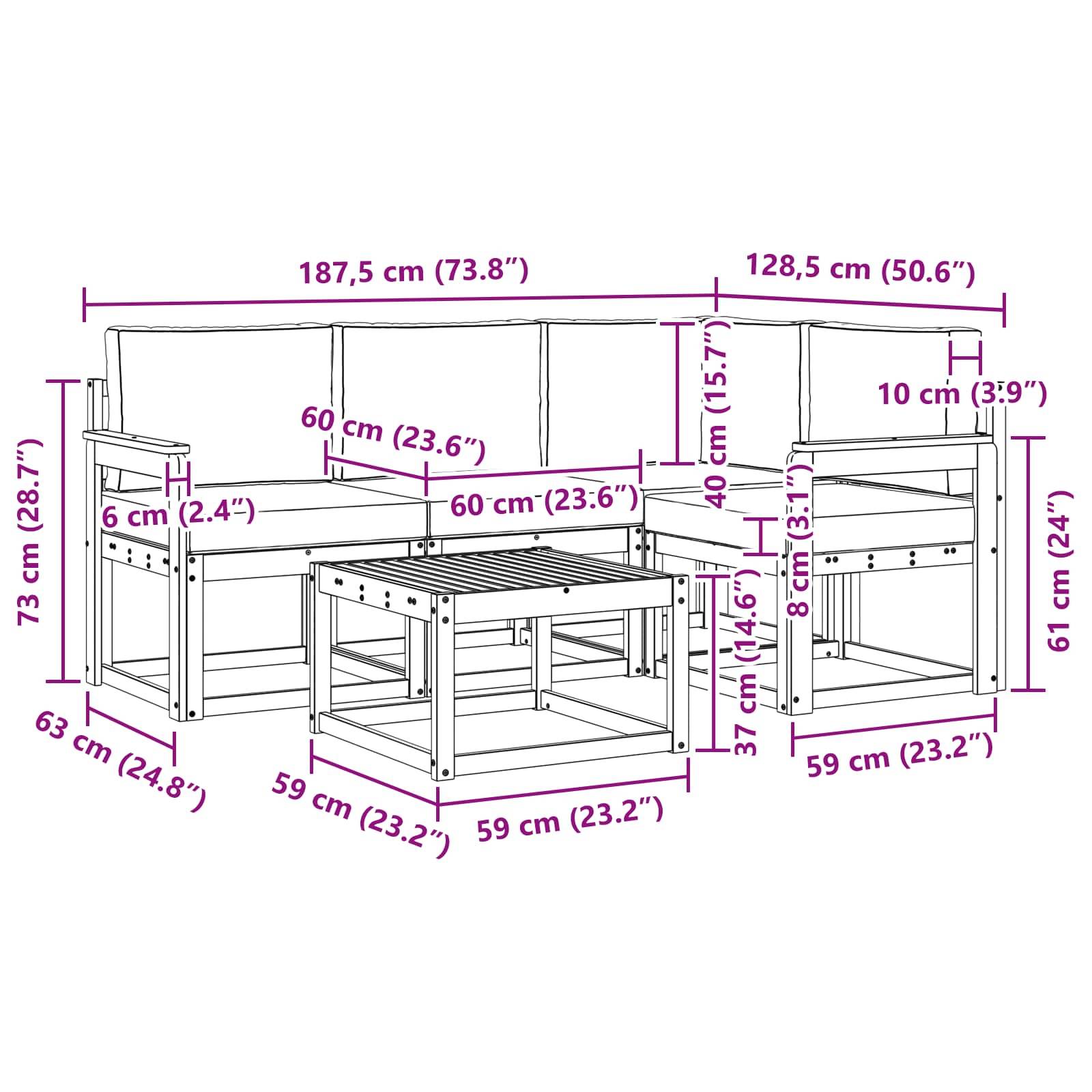 vidaXL Outdoor-Sofagarnitur 5 pcs Weiß und Hellgrau 59 x 59 x 37 cm