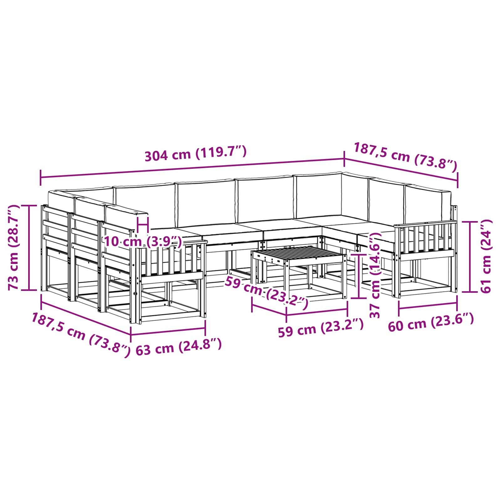 vidaXL Outdoor-Sofagarnitur 10 pcs Weiß und Creme 59 x 59 x 37 cm