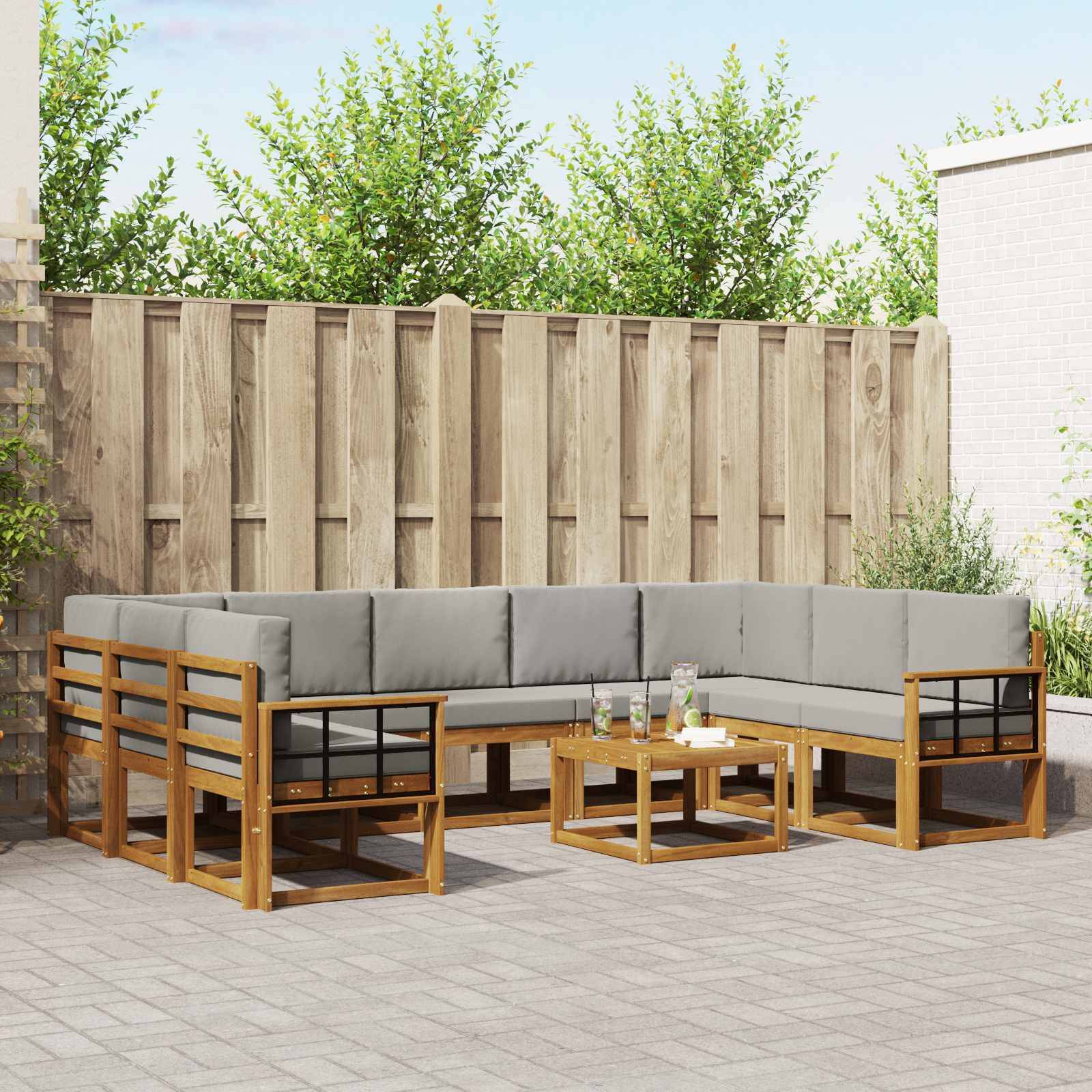 vidaXL Outdoor-Sofagarnitur mit Kissen 10 pcs Natürlich und Hellgrau