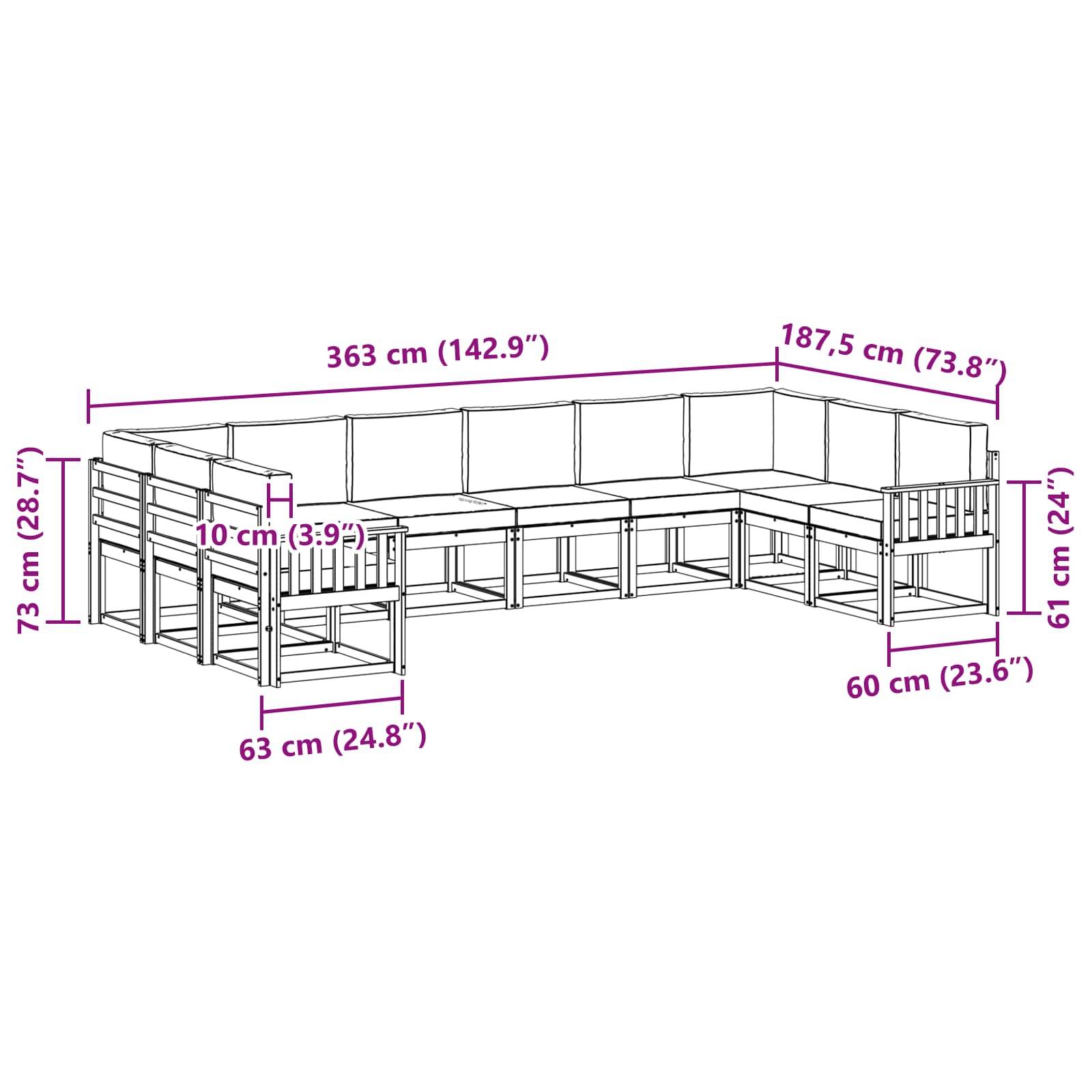 Strichzeichnung einer Eckbank mit Abmessungen: 363 cm und 187,5 cm Länge, 73 cm Höhe, 61 cm Sitzhöhe, 63 cm und 60 cm Tiefe.