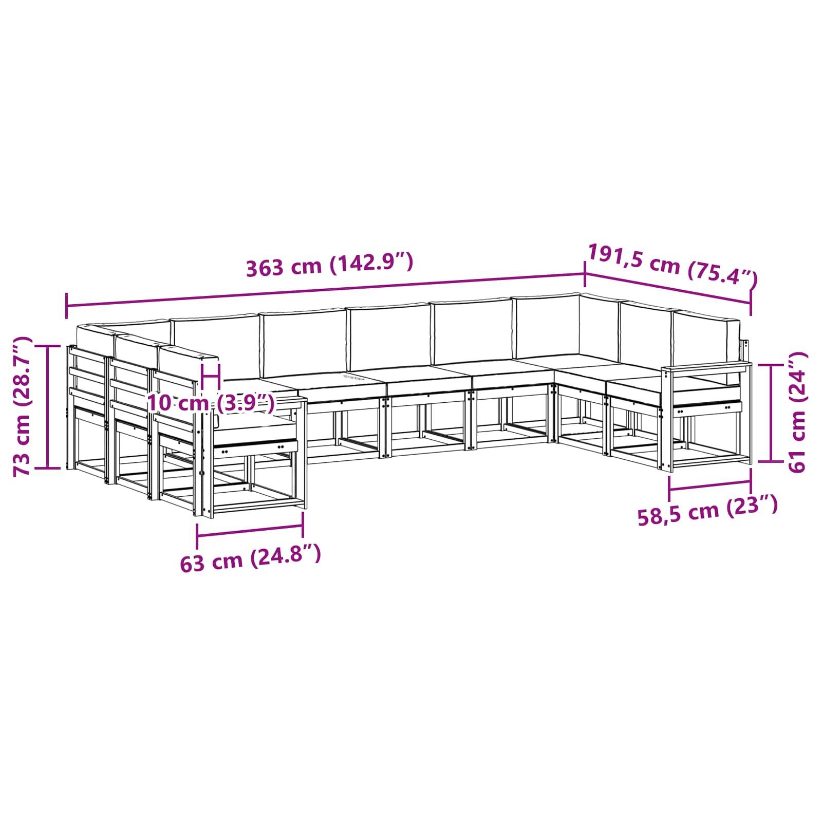 L-förmige Bank mit Abmessungen: 363 cm (142,9 Zoll) und 191,5 cm (75,4 Zoll) Breite. Die Sitzhöhen betragen 73 cm (28,7 Zoll) und 61 cm (24 Zoll).