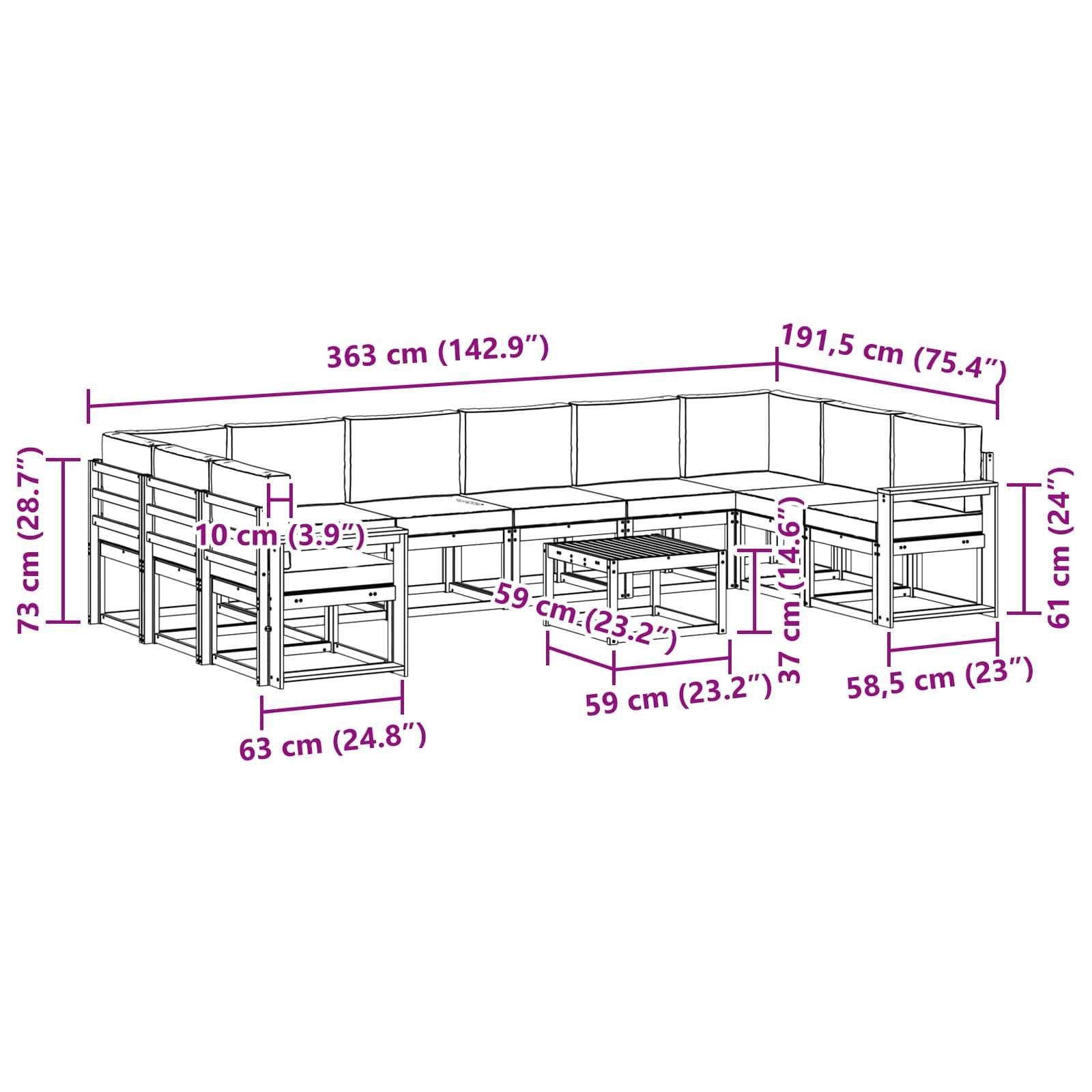 L-förmiges Bankdiagramm mit Abmessungen: lange Seite 363 cm (142,9
