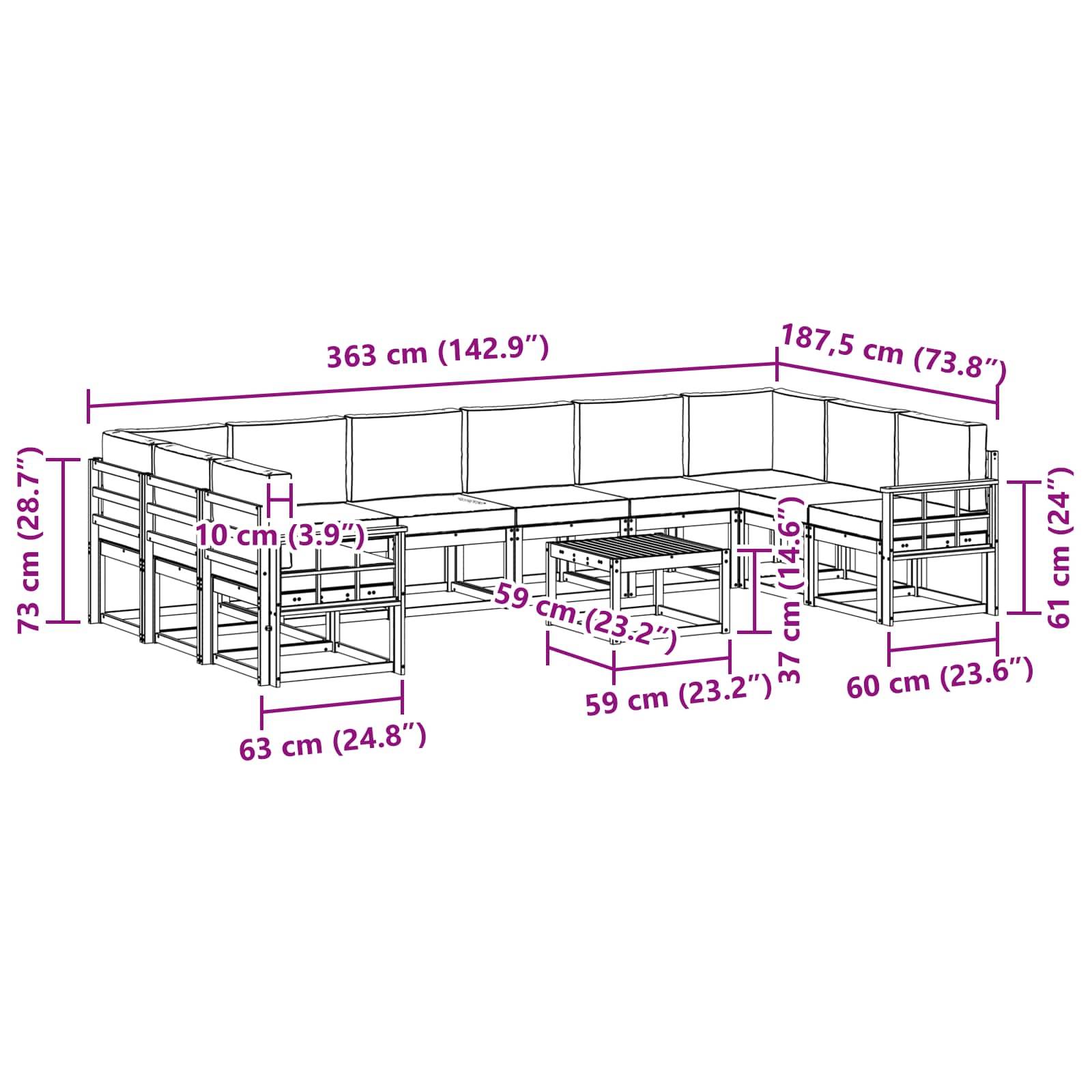 vidaXL Outdoor-Sofagarnitur mit Kissen 11 pcs Natur und Anthrazit