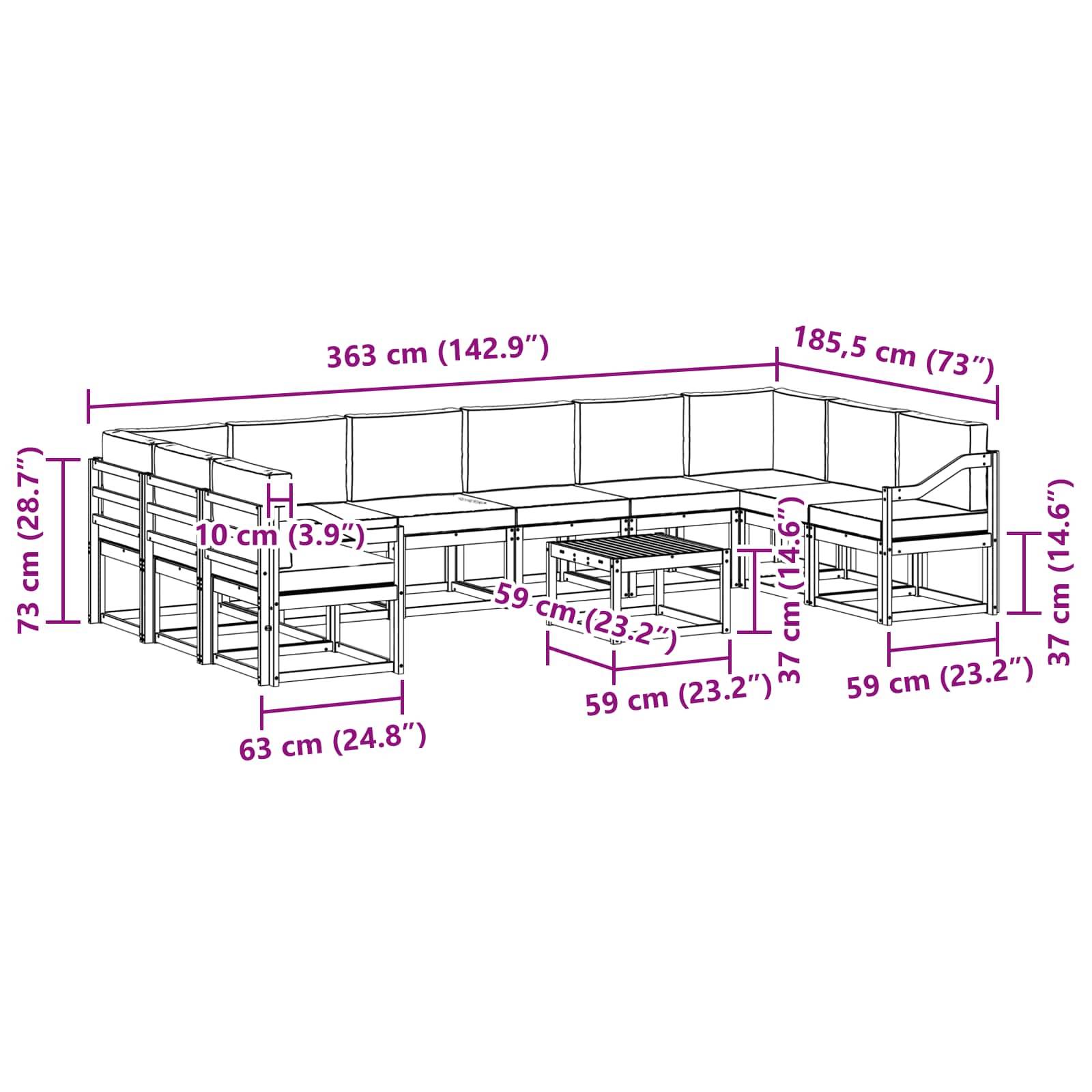 Ecksofa-Set mit beschrifteten Abmessungen: 363 cm breit, 185,5 cm lang und 73 cm hoch. Tisch ist 63 cm breit, 59 cm lang und 37 cm hoch.