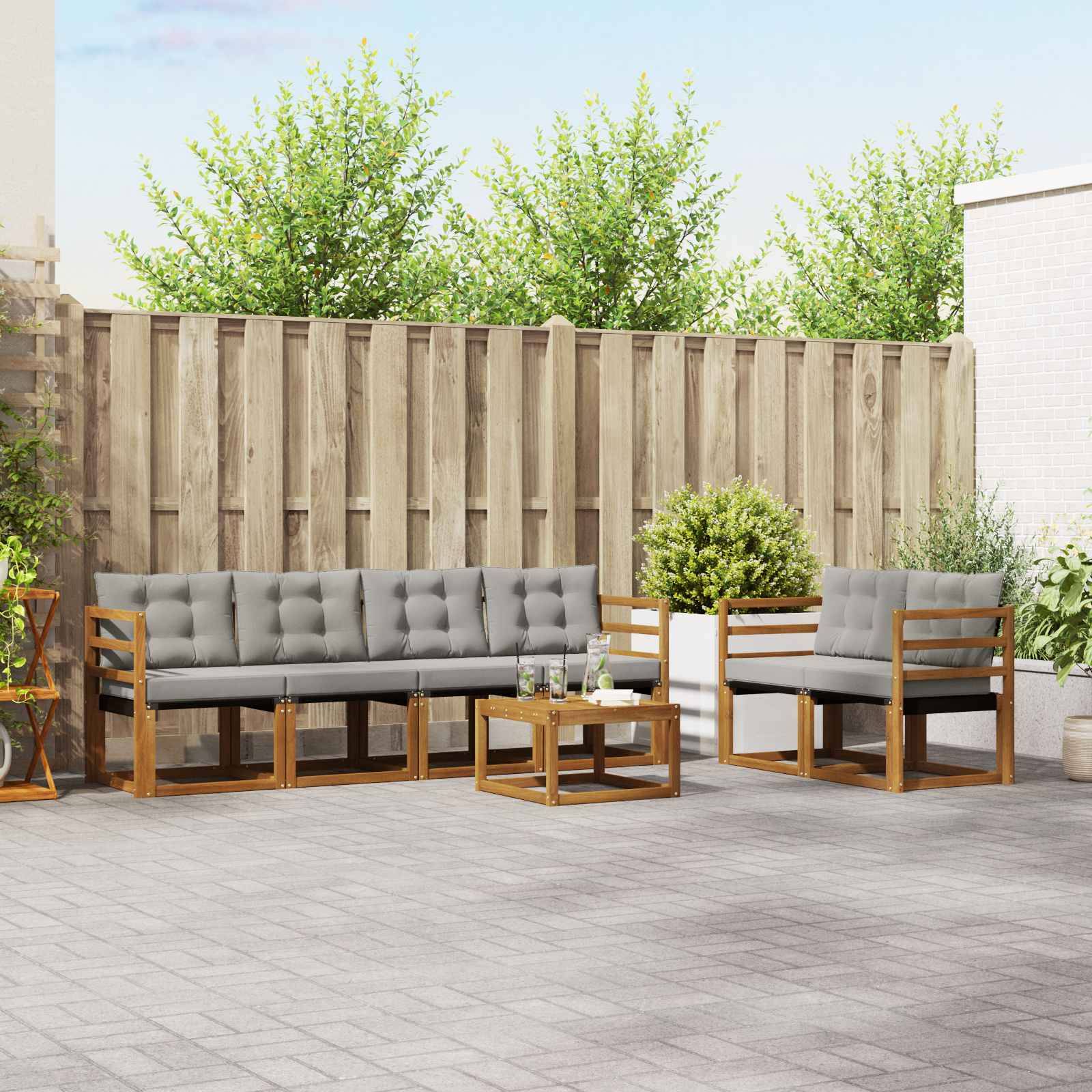 vidaXL Outdoor-Sofagarnitur mit Kissen 7 pcs Natürlich und Hellgrau