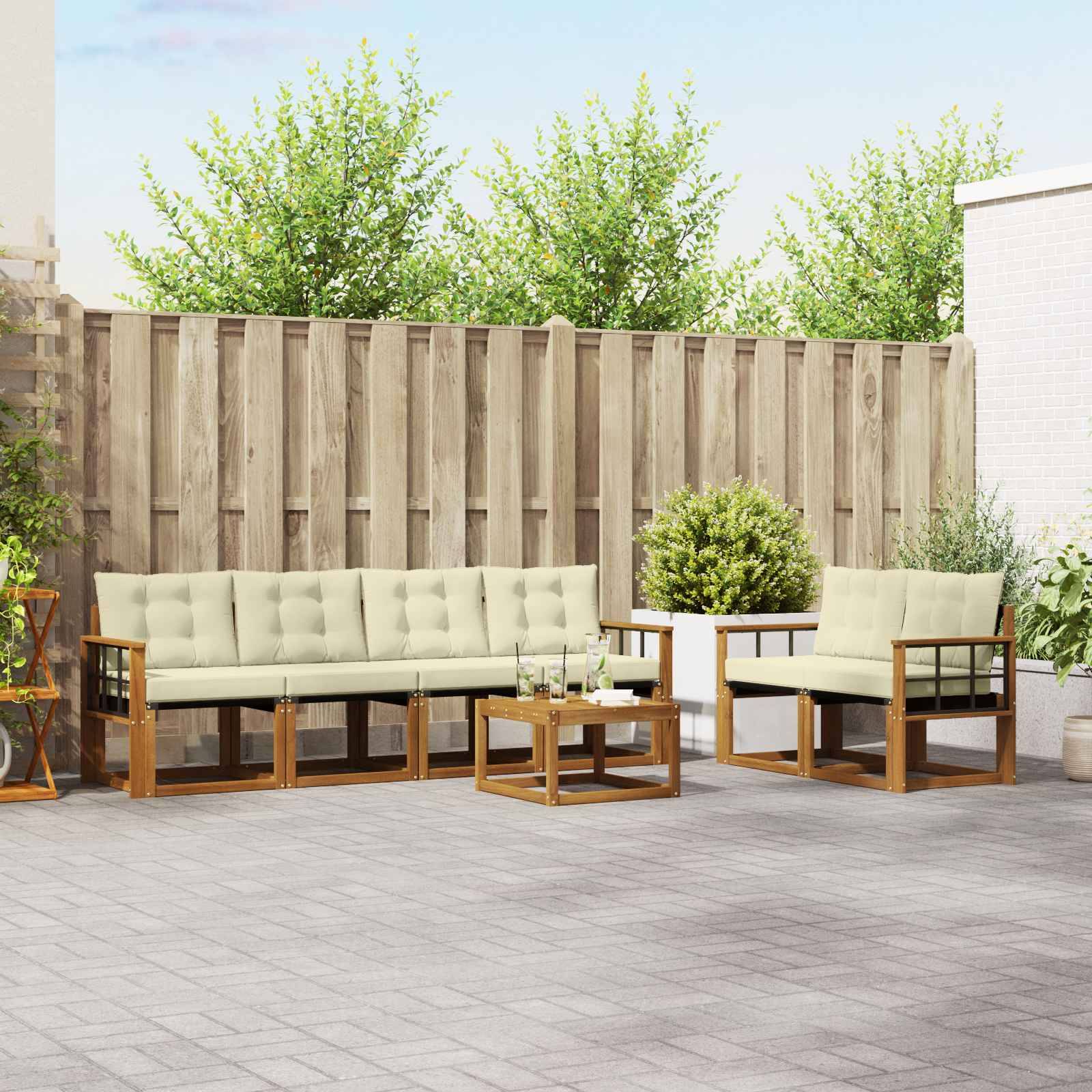 vidaXL Outdoor-Sofagarnitur mit Kissen 7 pcs Natur und Creme