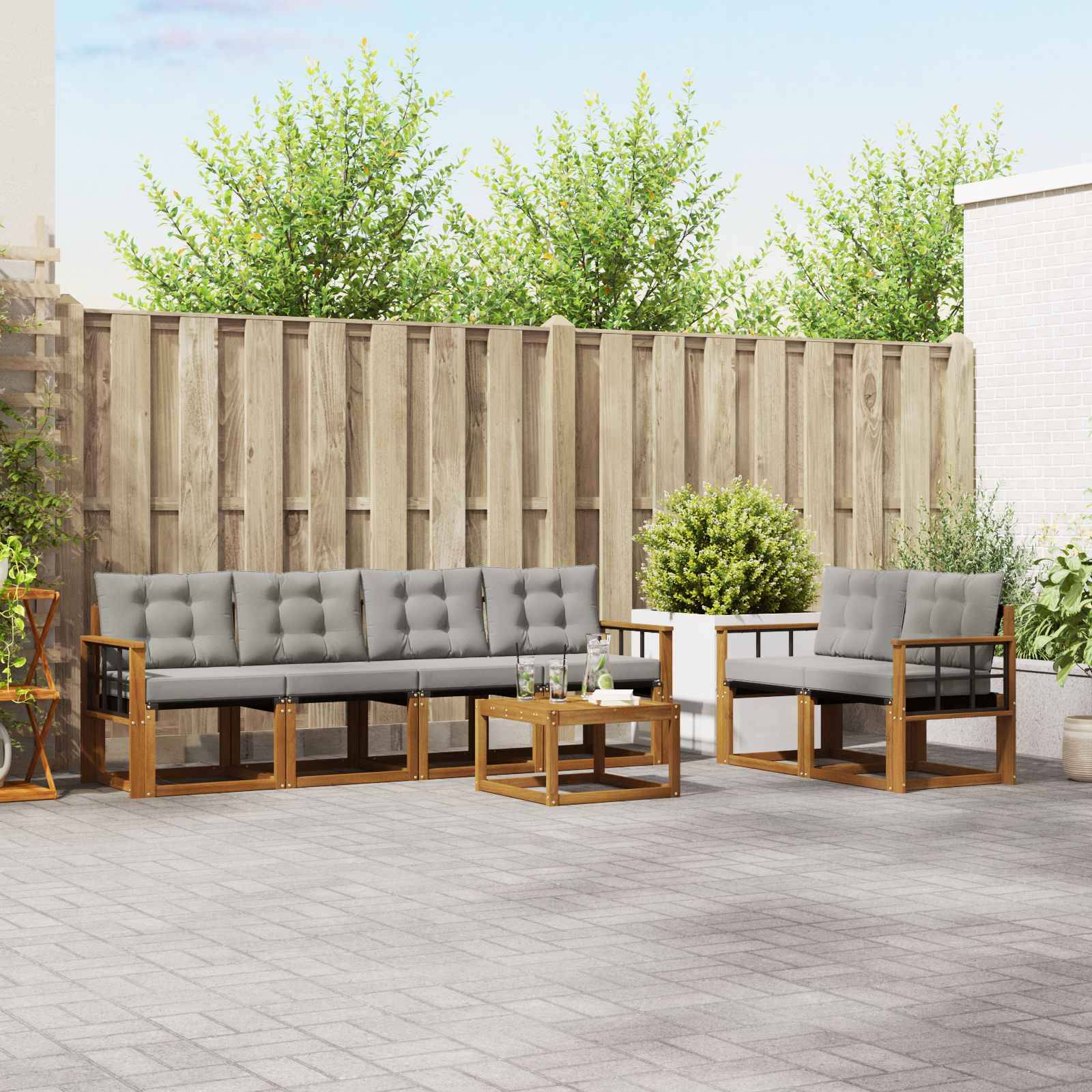 vidaXL Outdoor-Sofagarnitur mit Kissen 7 pcs Natürlich und Hellgrau