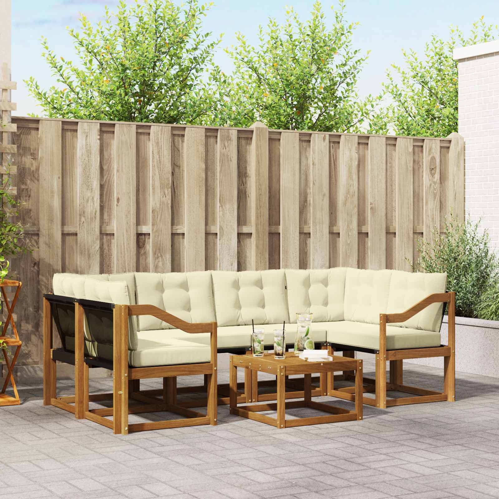 vidaXL Outdoor-Sofagarnitur mit Kissen 7 pcs Natur und Creme