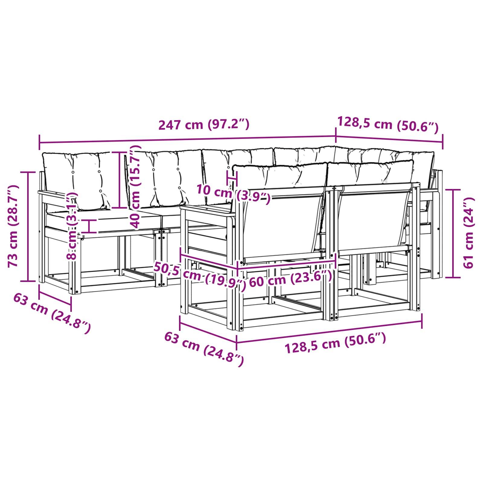 vidaXL Outdoor-Sofagarnitur mit Kissen 7 pcs Natürlich und Schwarz