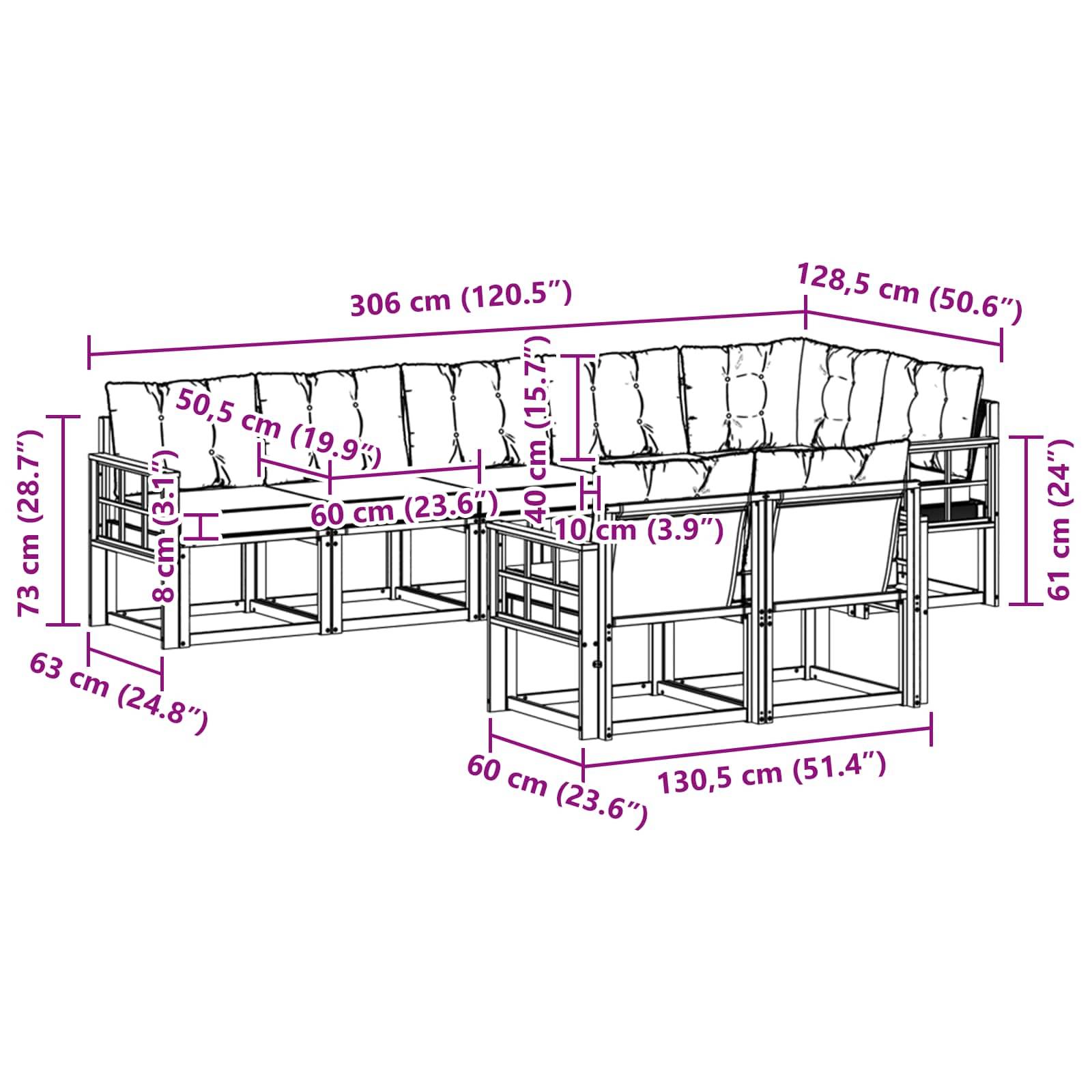 vidaXL Outdoor-Sofagarnitur mit Kissen 8 pcs Natürlich und Schwarz