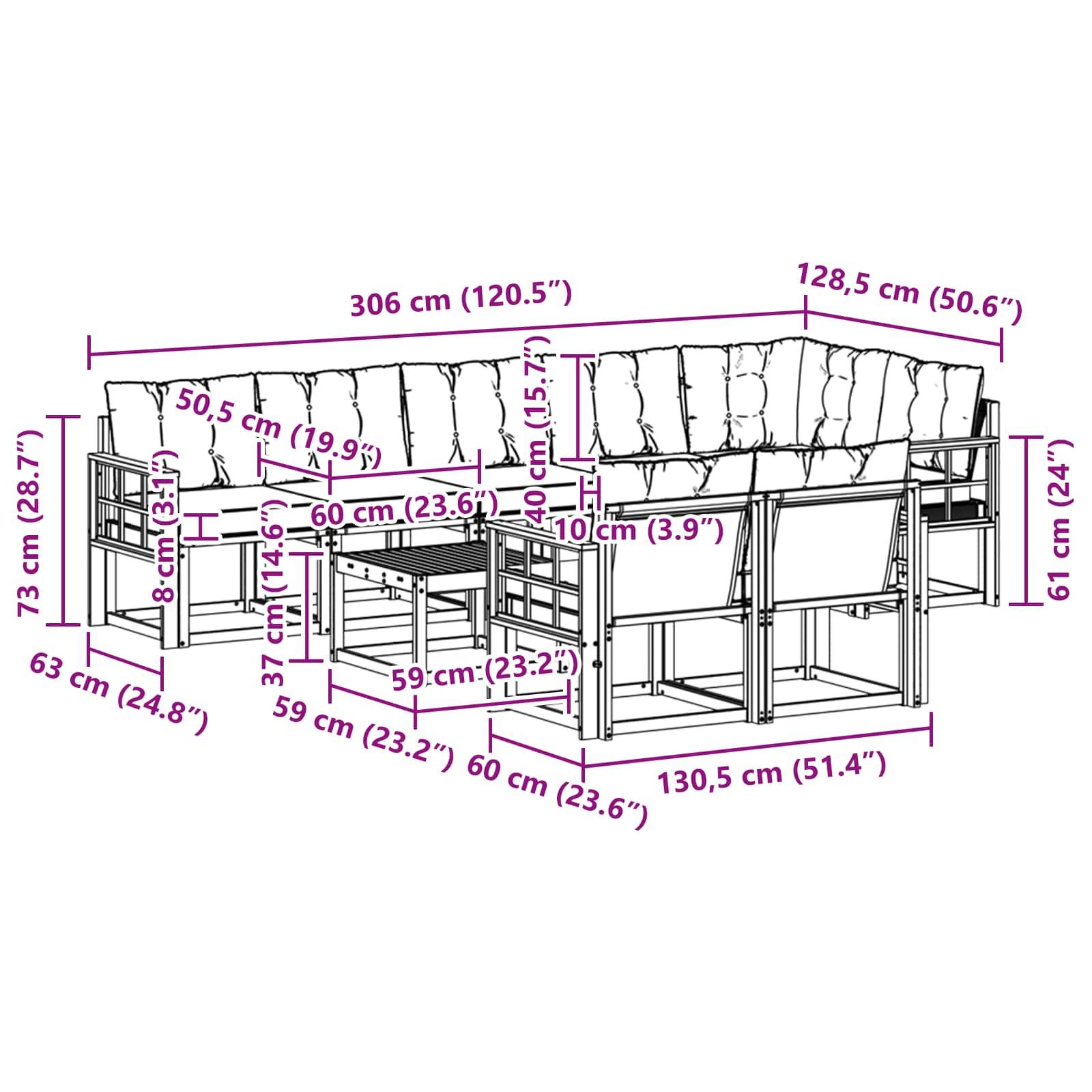 vidaXL Outdoor-Sofagarnitur mit Kissen 9 pcs Weiß und Hellgrau