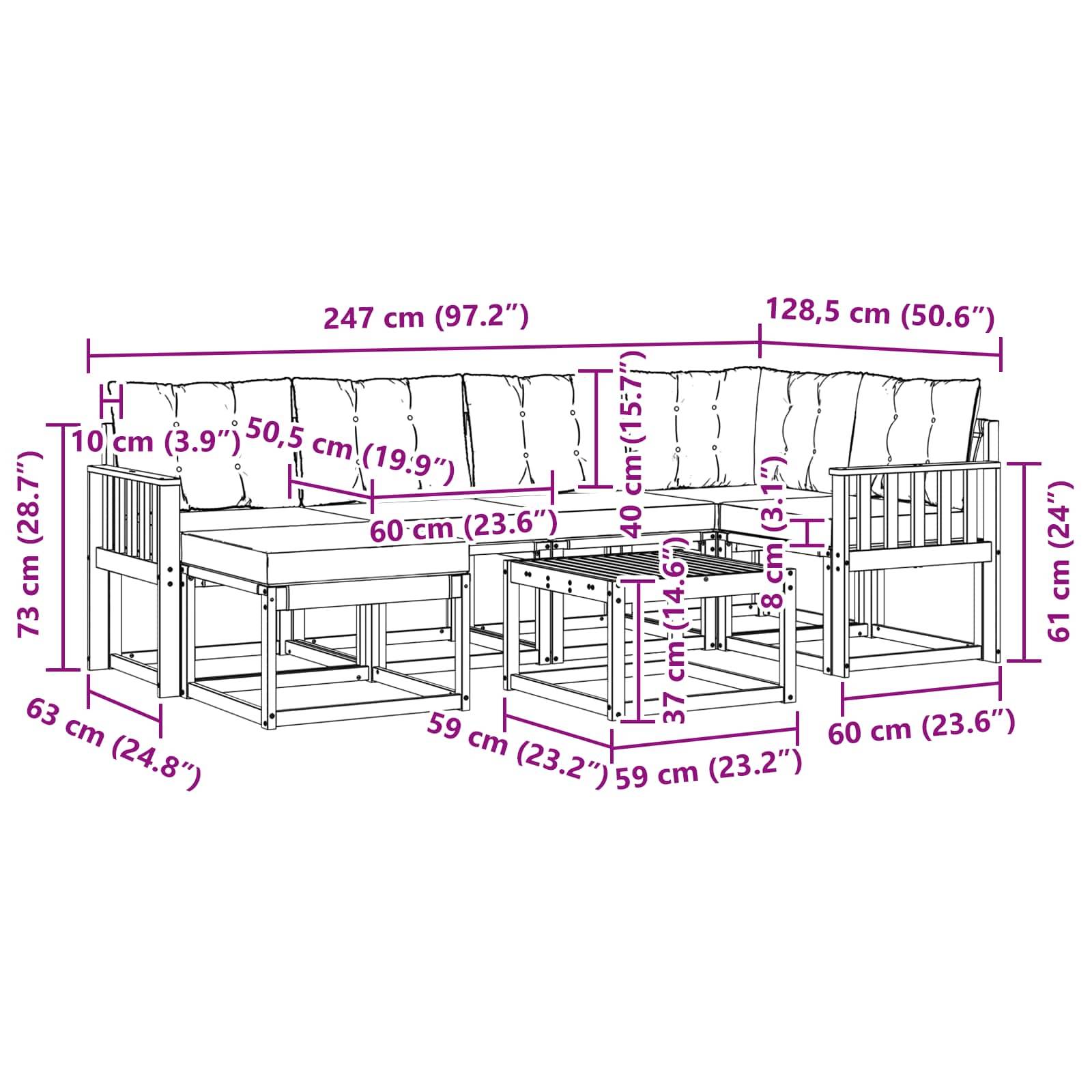 vidaXL Outdoor-Sofagarnitur mit Kissen 7 pcs Natürlich und Hellgrau