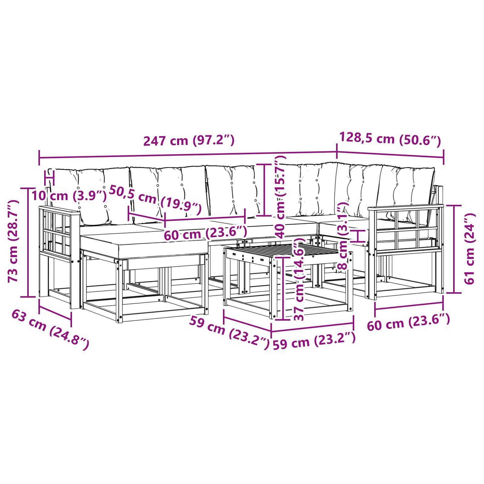 vidaXL Outdoor-Sofagarnitur mit Kissen 7 pcs Natürlich und Schwarz