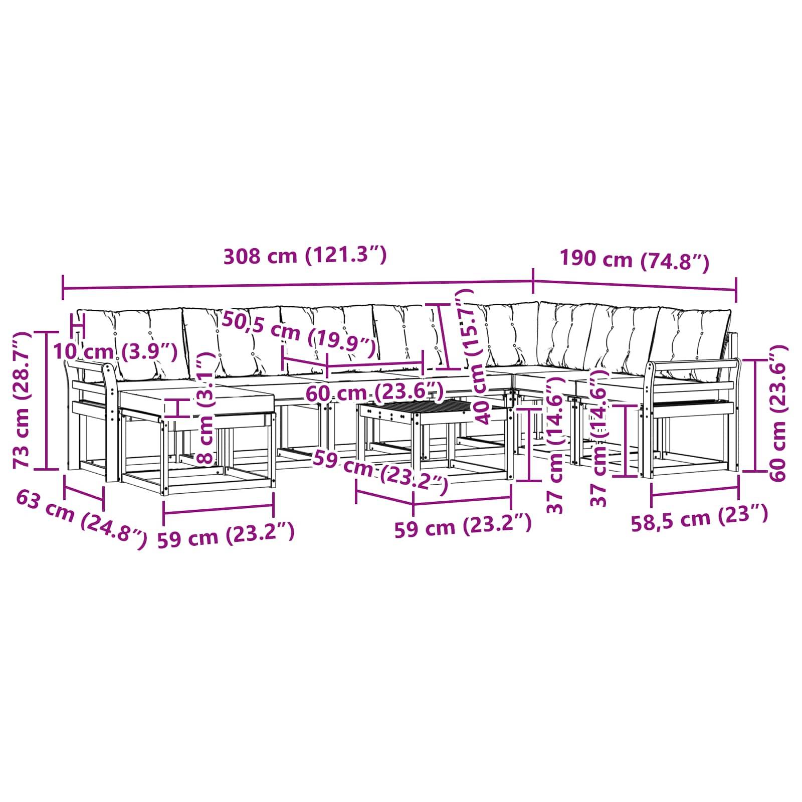 vidaXL Outdoor-Sofagarnitur mit Kissen 9 pcs Weiß und Hellgrau