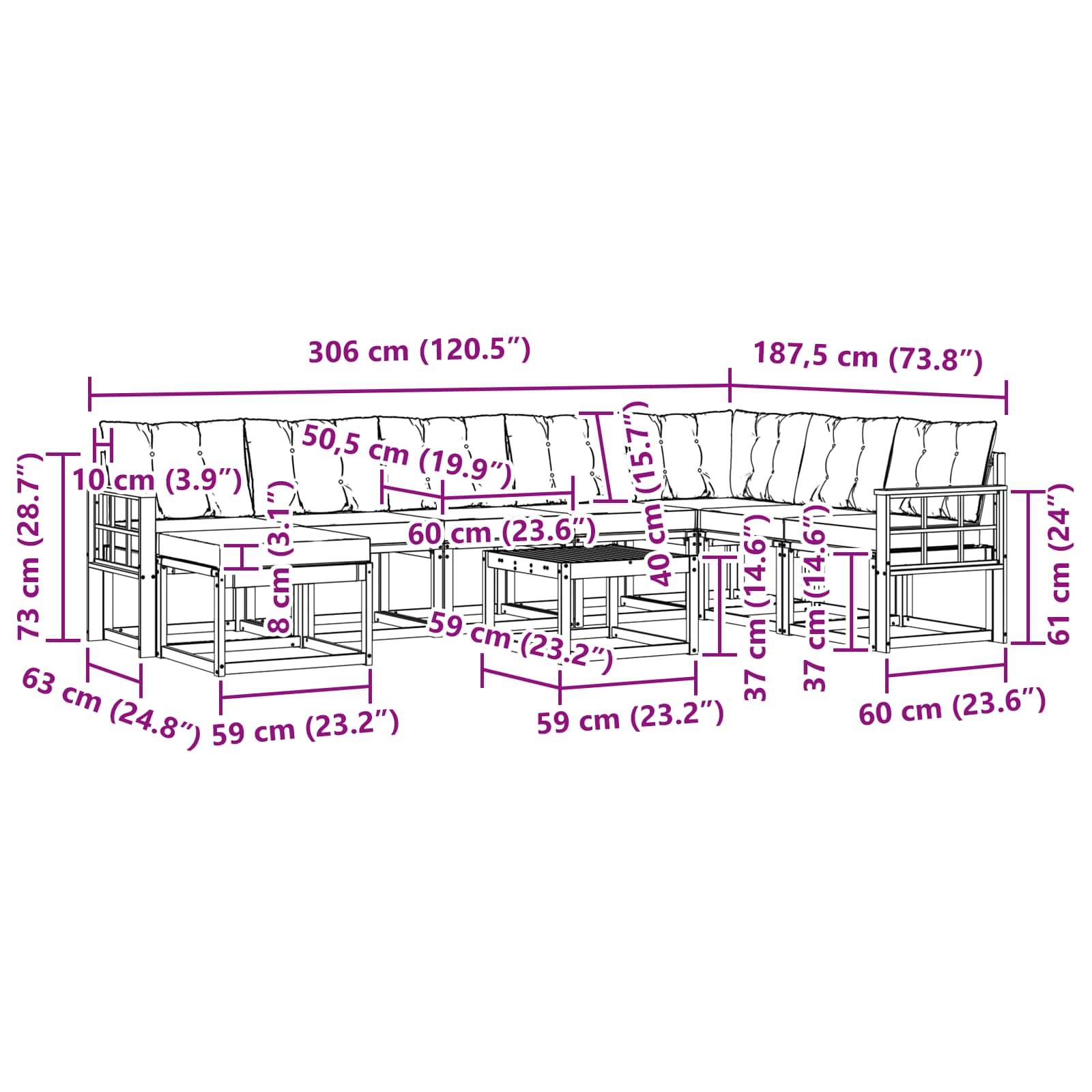 vidaXL Outdoor-Sofagarnitur mit Kissen 9 pcs Weiß und Hellgrau