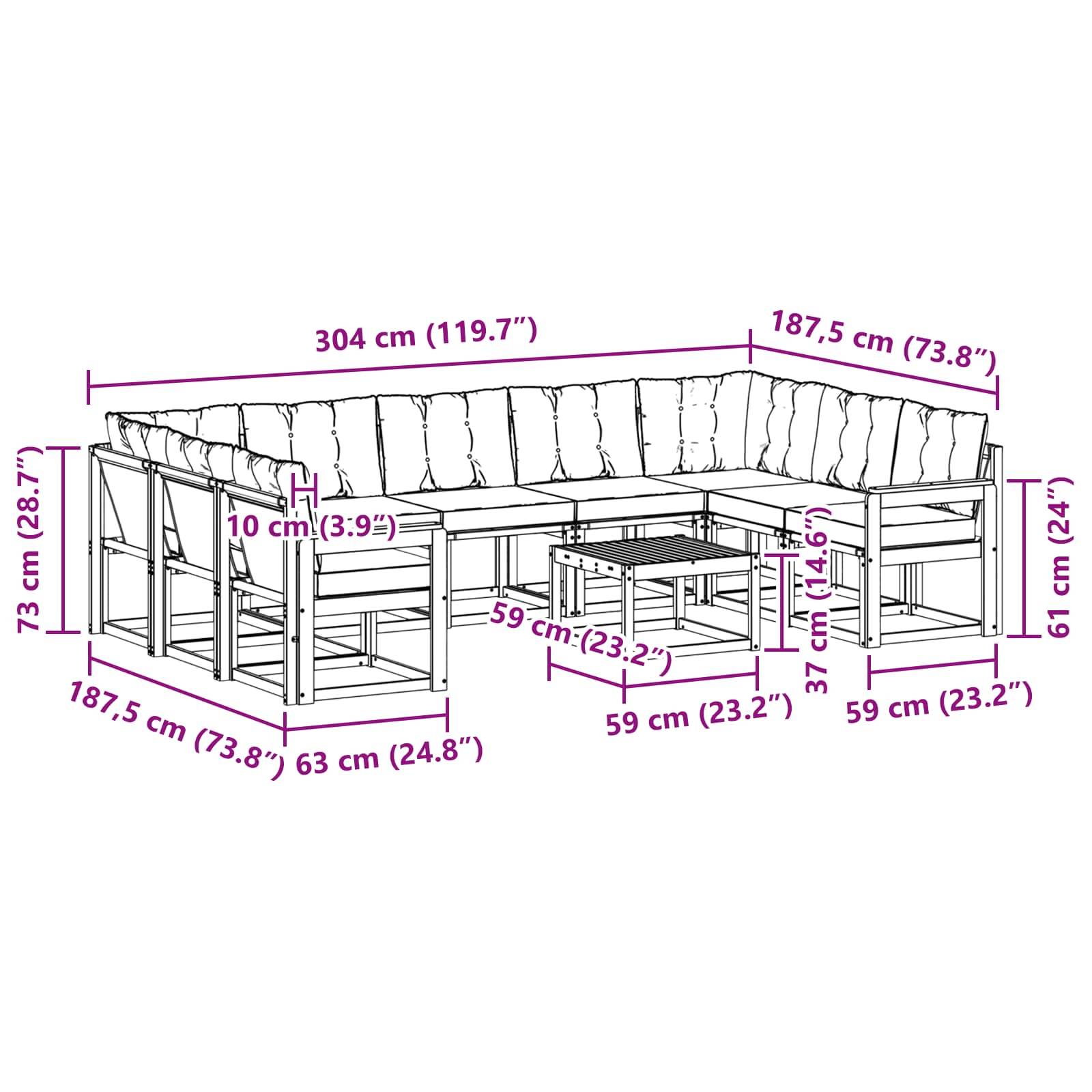 vidaXL Outdoor-Sofagarnitur mit Kissen 10 pcs Natürlich und Hellgrau