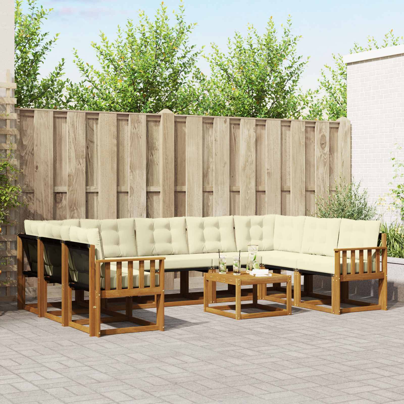 vidaXL Outdoor-Sofagarnitur 10 pcs Natur und Creme Massivholz Akazie