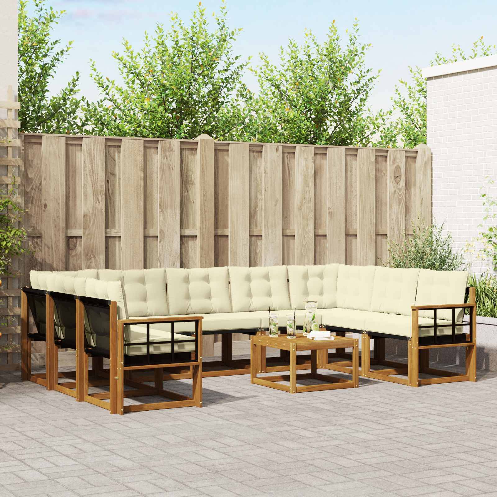 vidaXL Outdoor-Sofagarnitur 10 pcs Natur und Creme Massivholz Akazie