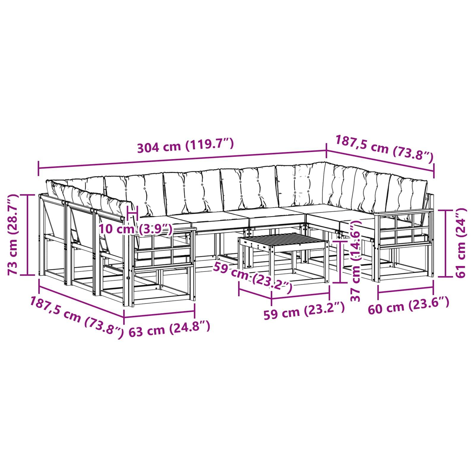vidaXL Outdoor-Sofagarnitur mit Kissen 10 pcs Weiß und Creme