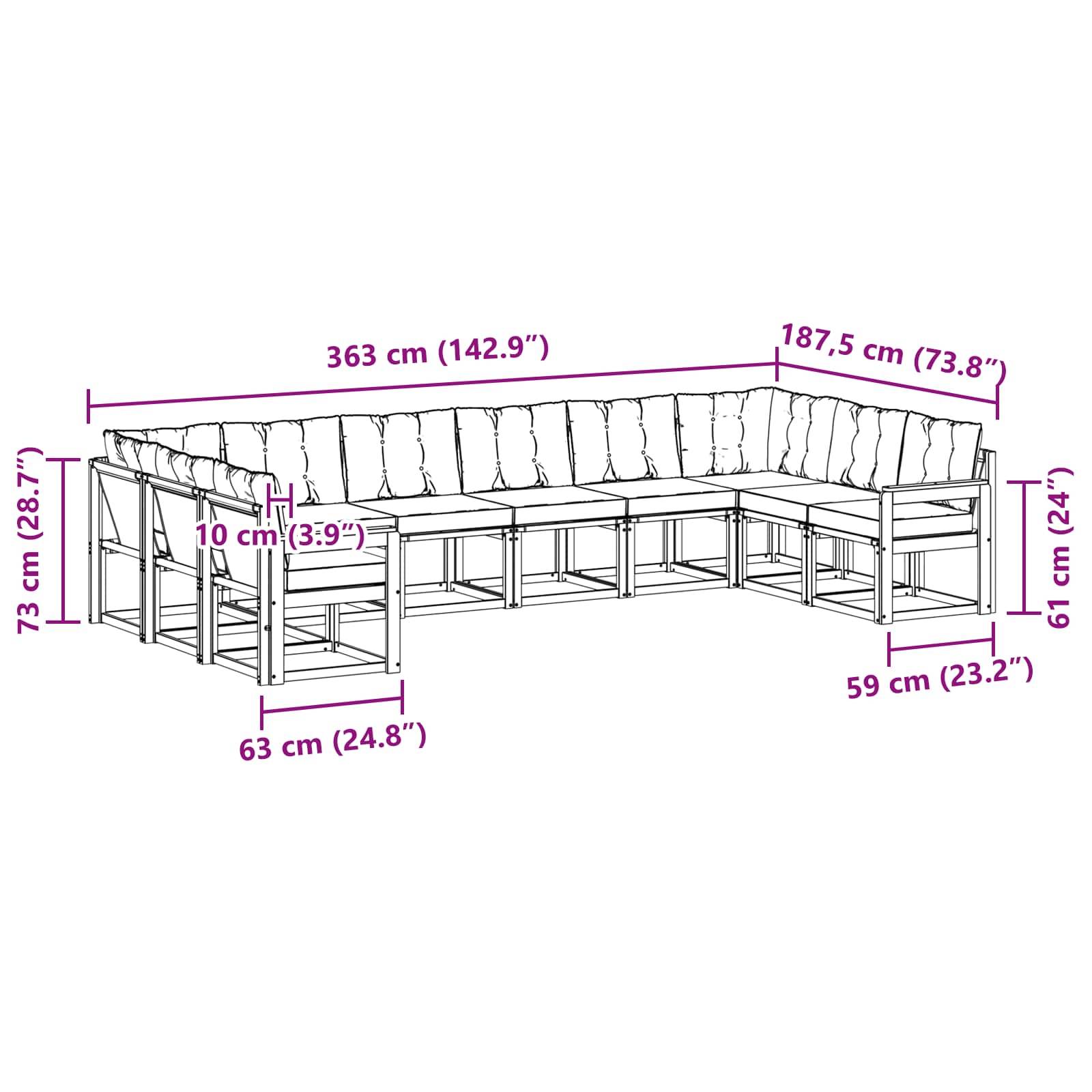 vidaXL Outdoor-Sofagarnitur mit Kissen 10 pcs Natürlich und Hellgrau