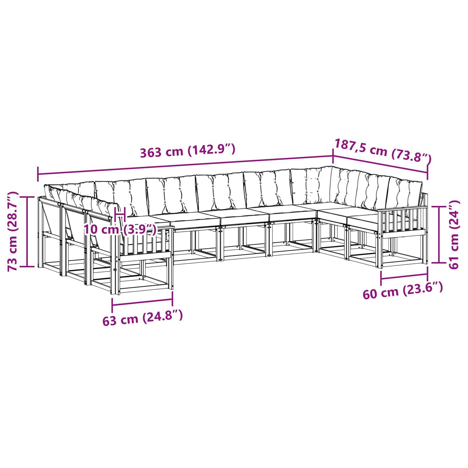 vidaXL Outdoor-Sofagarnitur mit Kissen 10 pcs Natürlich und Hellgrau