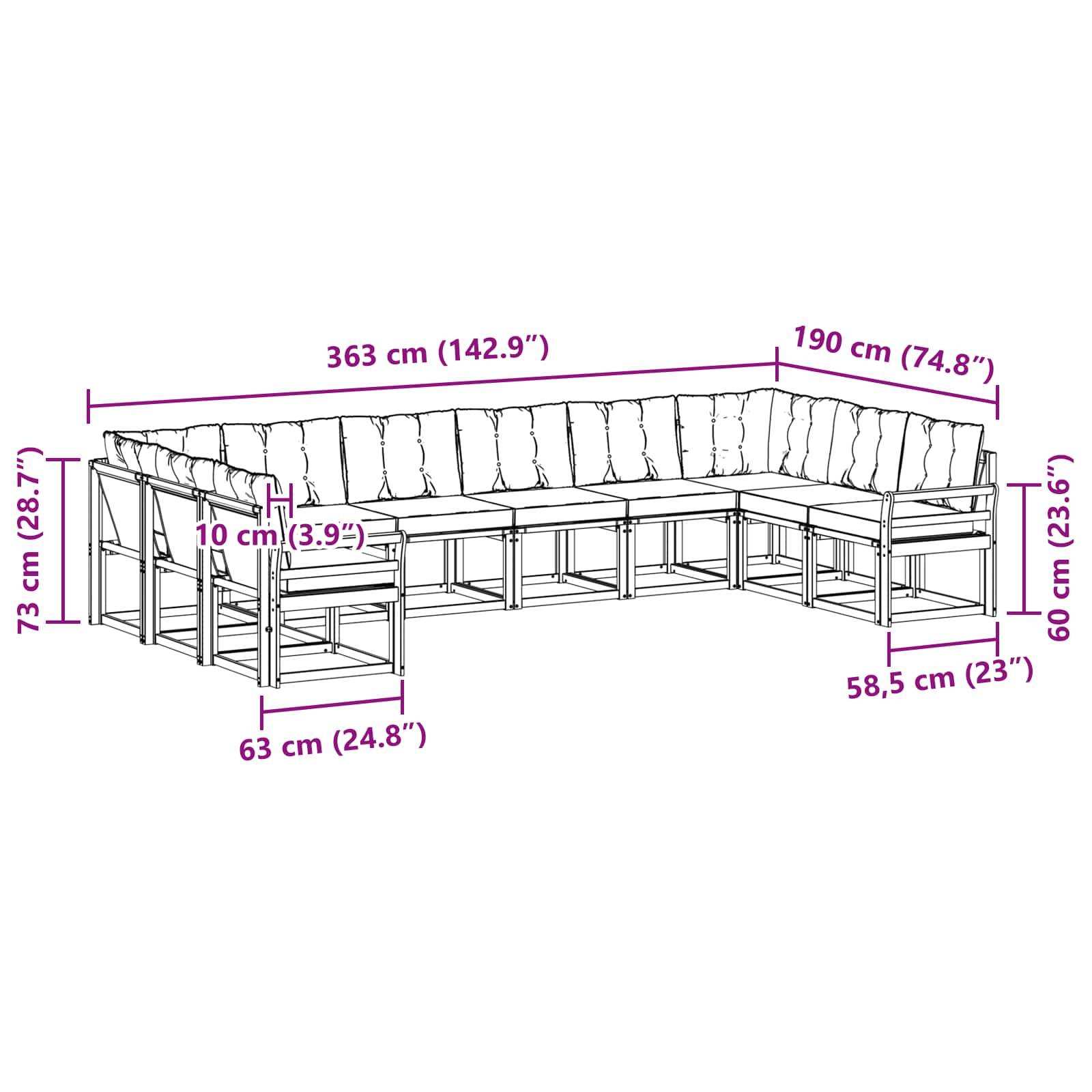 vidaXL Outdoor-Sofagarnitur mit Kissen 10 pcs Natürlich und Schwarz