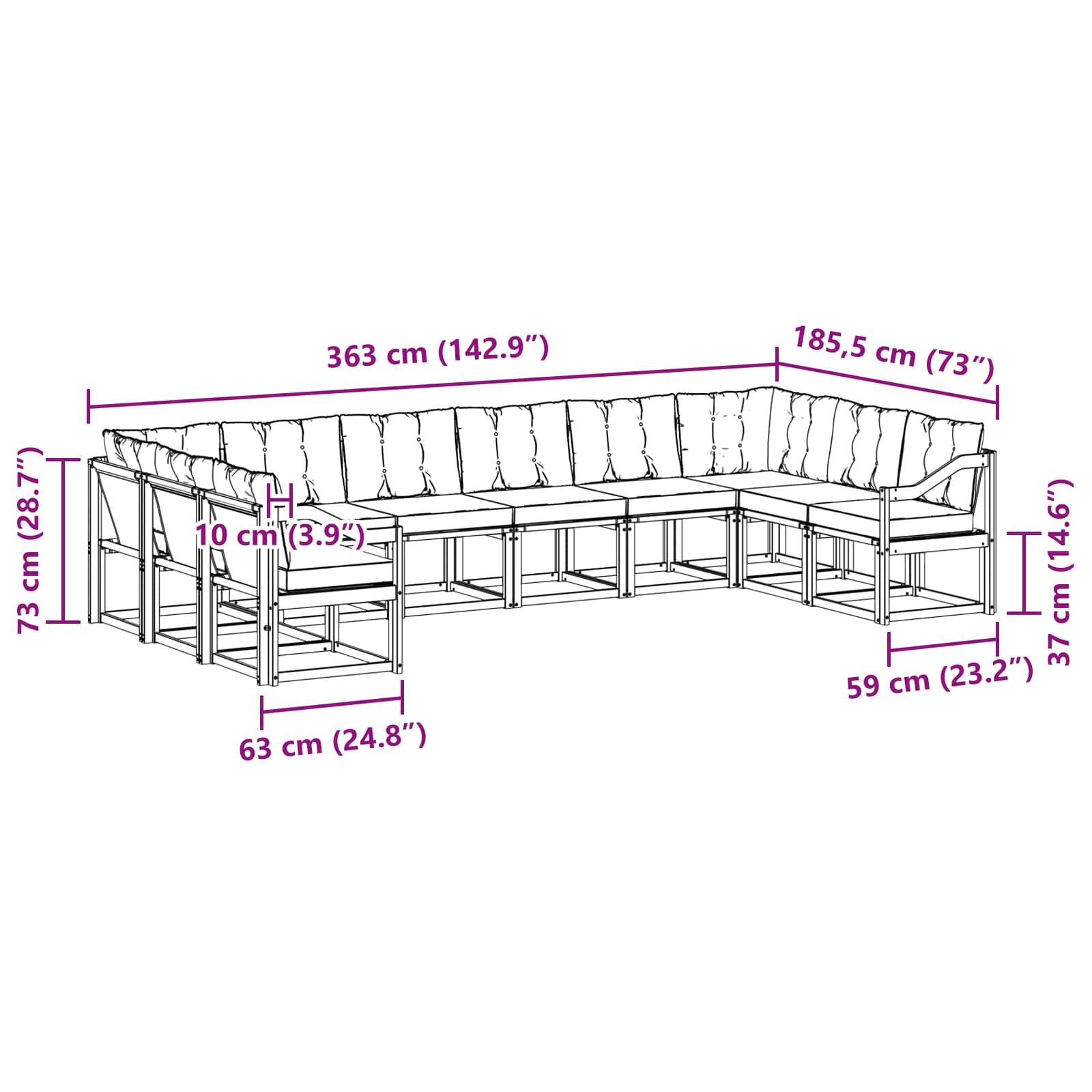 vidaXL Outdoor-Sofagarnitur mit Kissen 10 pcs Natürlich und Schwarz
