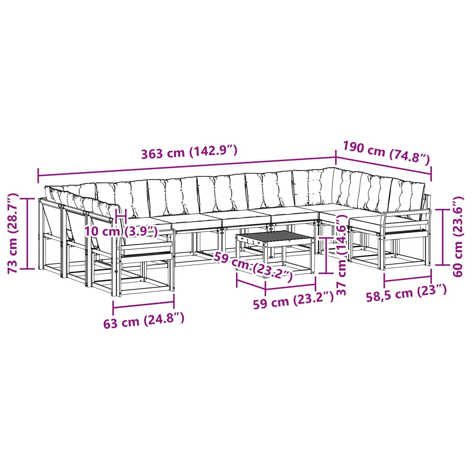 vidaXL Outdoor-Sofagarnitur mit Kissen 11 pcs Weiß und Schwarz