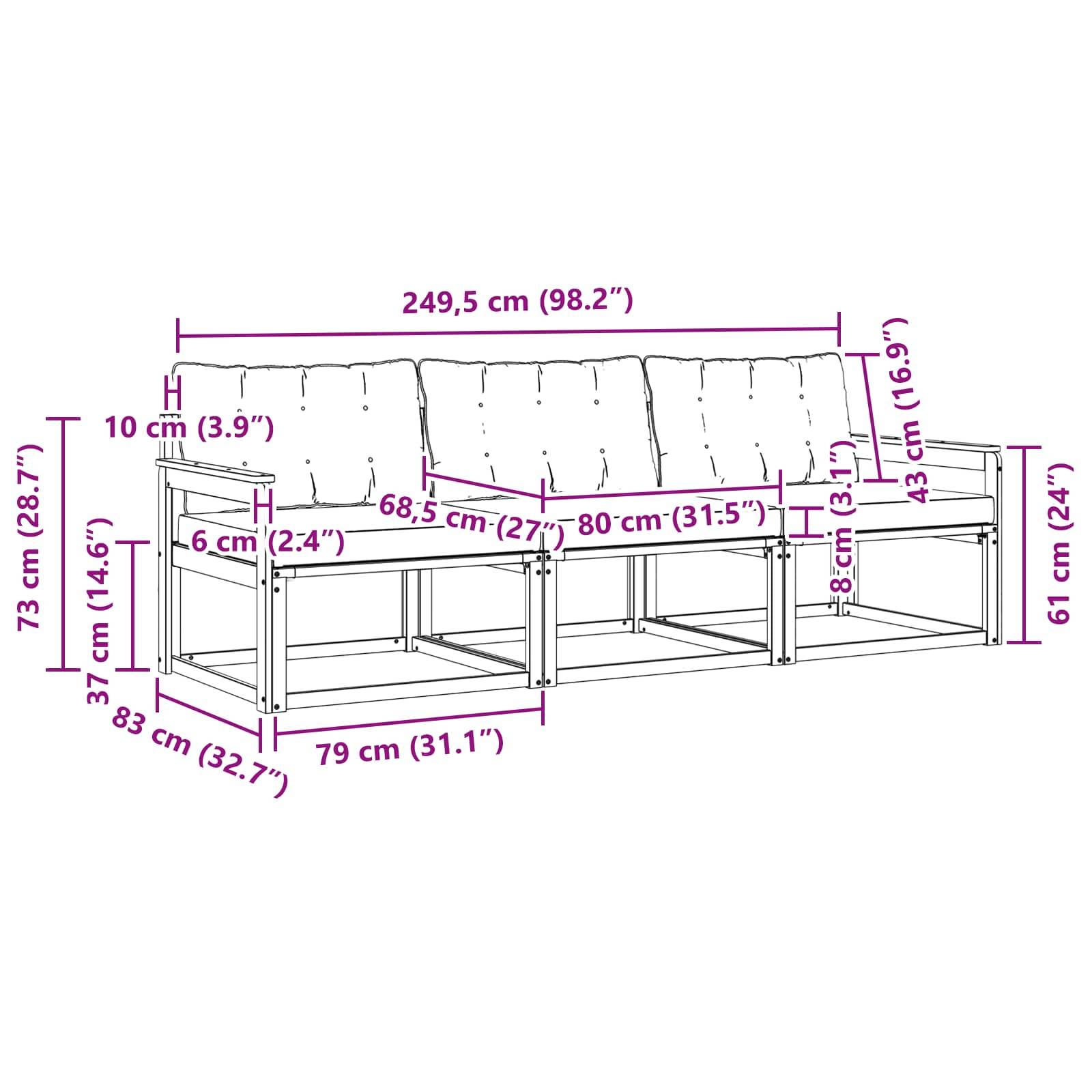 vidaXL Outdoor-Sofagarnitur mit Kissen 3 pcs Natürlich und Schwarz
