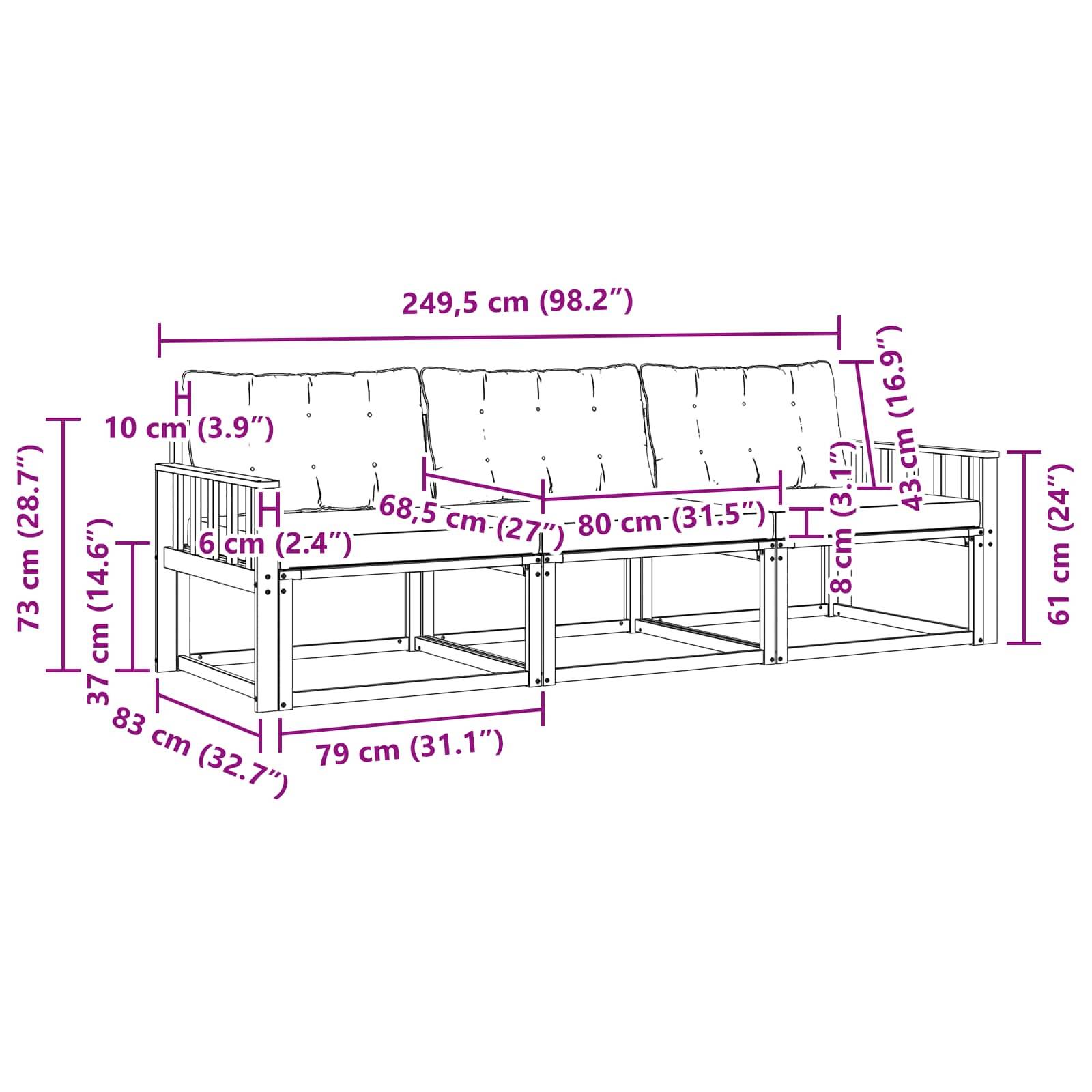 vidaXL Outdoor-Sofagarnitur mit Kissen 3 pcs Natur und Beige
