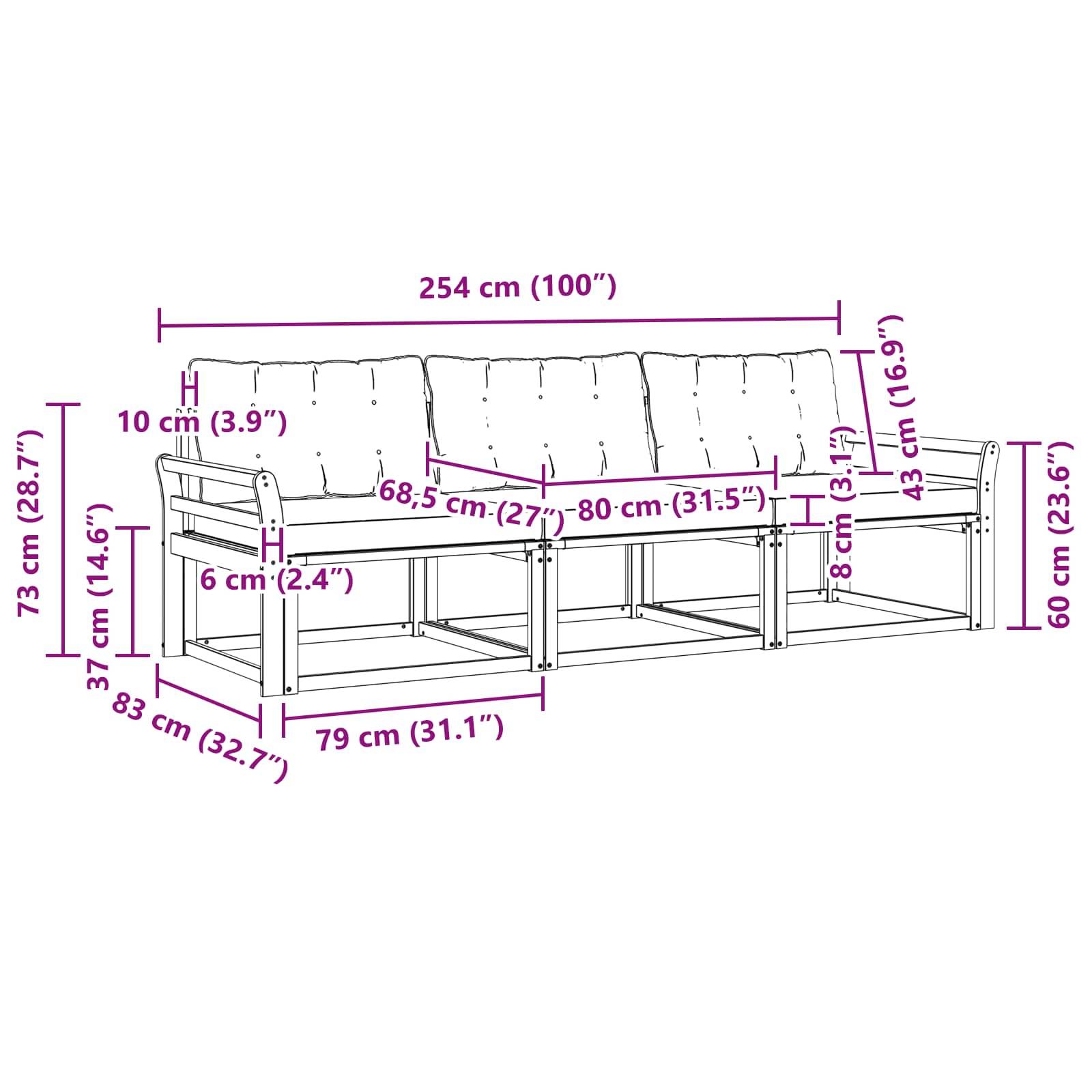vidaXL Outdoor-Sofagarnitur mit Kissen 3 pcs Natur und Creme
