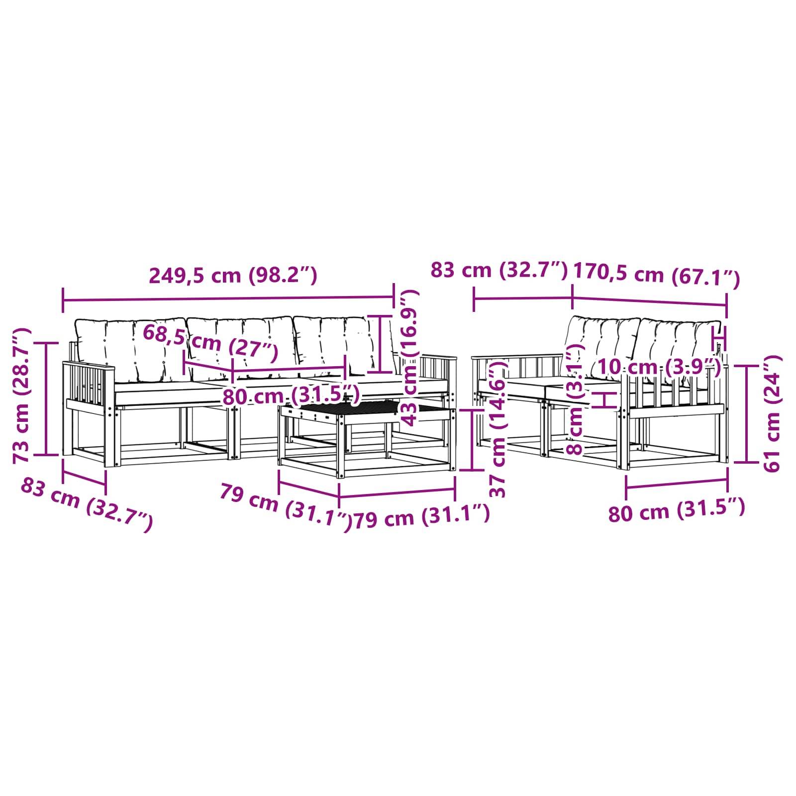 vidaXL Outdoor-Sofagarnitur 6 pcs Weiß und Schwarz 79 x 79 x 37 cm