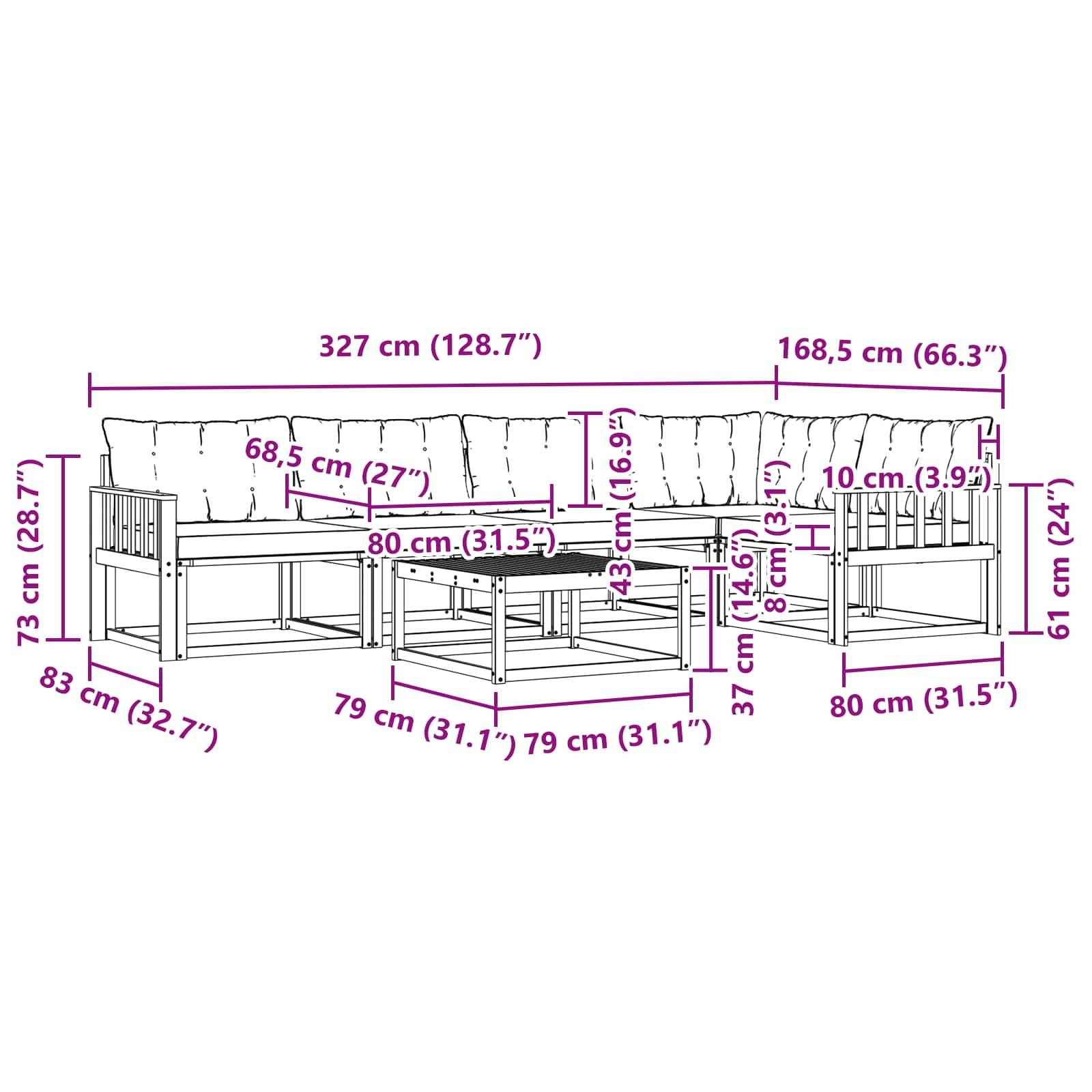 vidaXL Outdoor-Sofagarnitur 6 pcs Weiß und Schwarz 79 x 79 x 37 cm