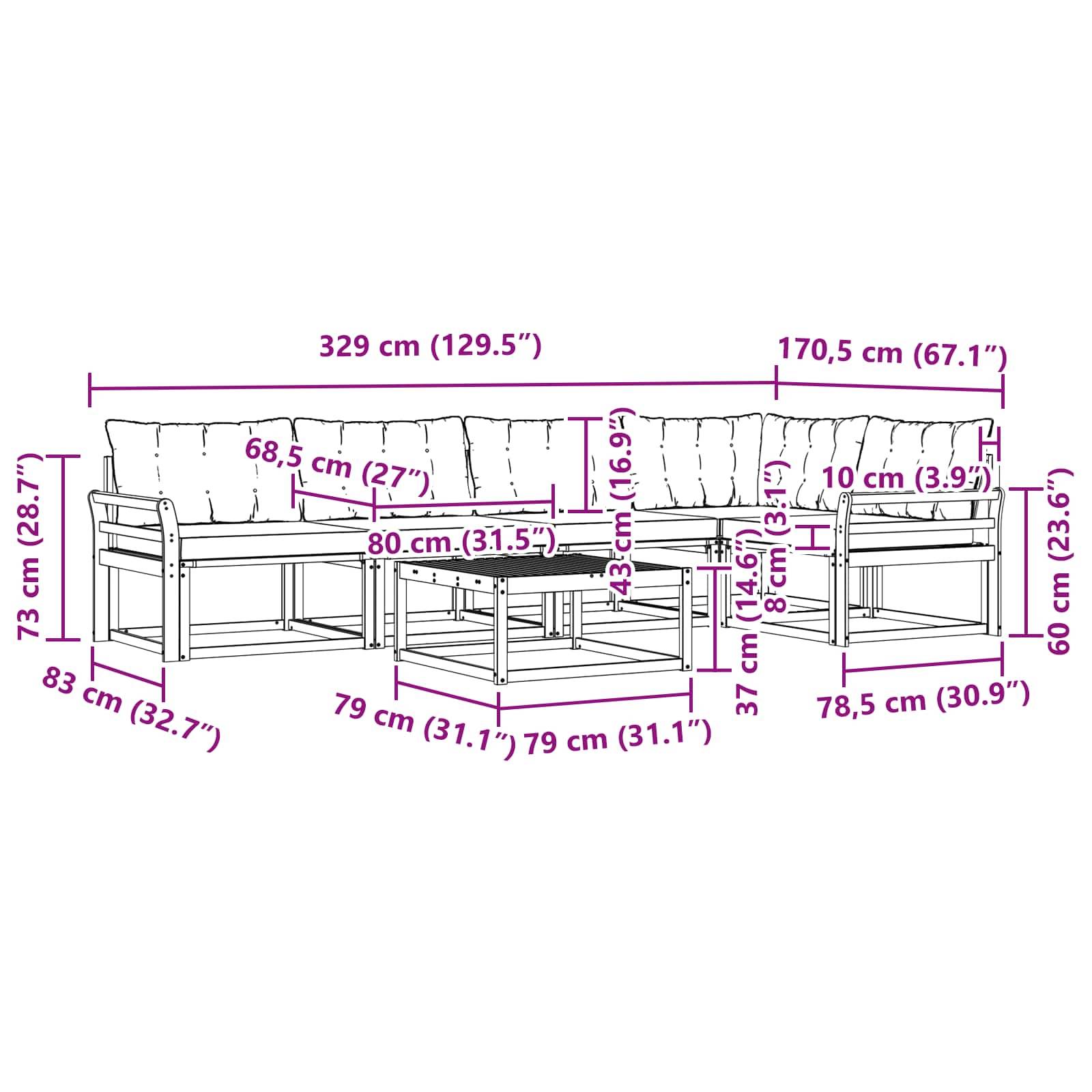 vidaXL Outdoor-Sofagarnitur 6 pcs Weiß und Schwarz 79 x 79 x 37 cm