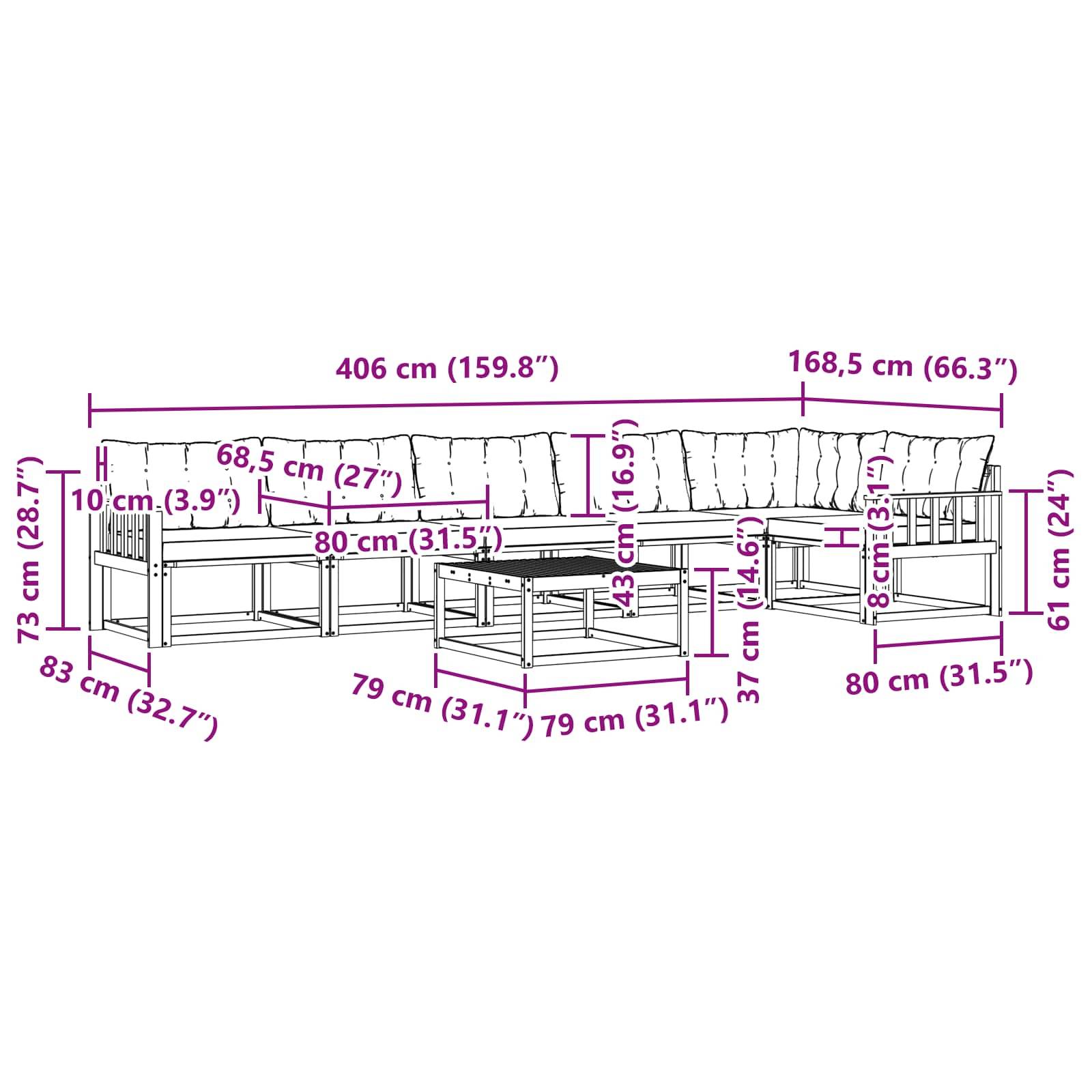 vidaXL Outdoor-Sofagarnitur 7 pcs Weiß und Schwarz 79 x 79 x 37 cm