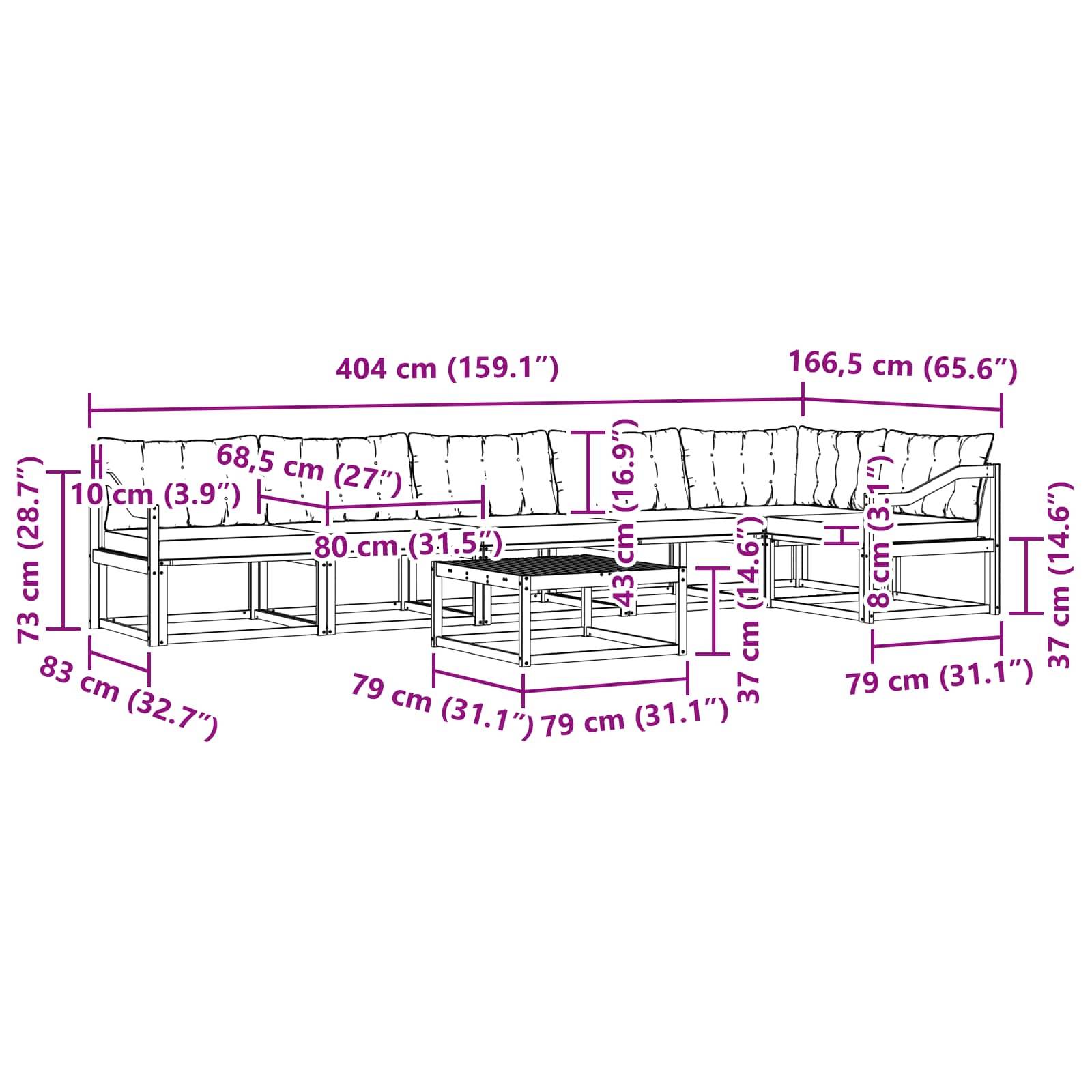 vidaXL Outdoor-Sofagarnitur 7 pcs Weiß und Schwarz 79 x 79 x 37 cm