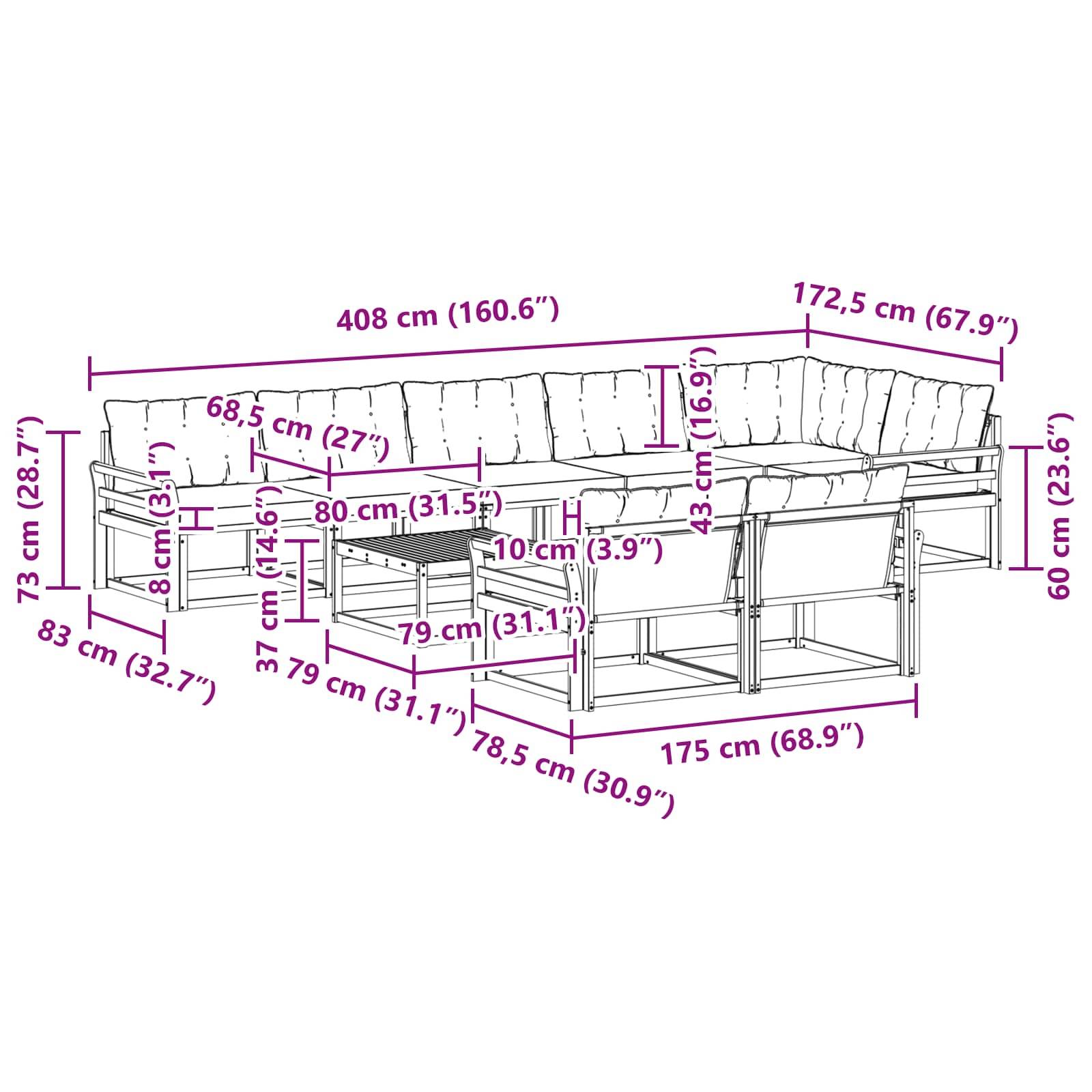 vidaXL Outdoor-Sofagarnitur 9 pcs Weiß und Schwarz 79 x 79 x 37 cm