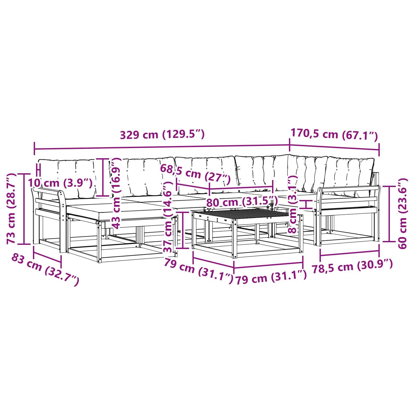 vidaXL Outdoor-Sofagarnitur 7 pcs Weiß und Hellgrau 79 x 79 x 37 cm