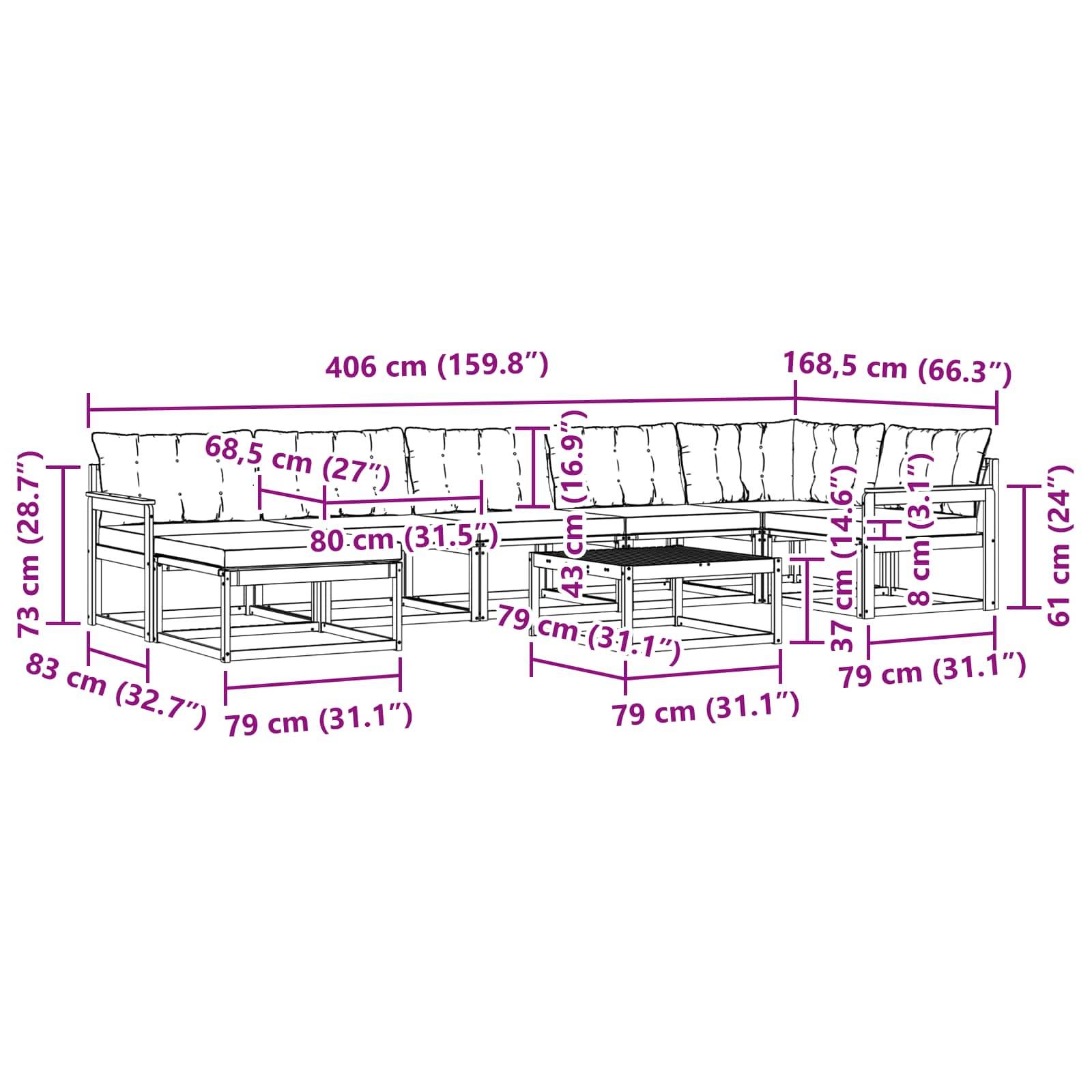 vidaXL Outdoor-Sofagarnitur 8 pcs Weiß und Hellgrau 79 x 79 x 37 cm