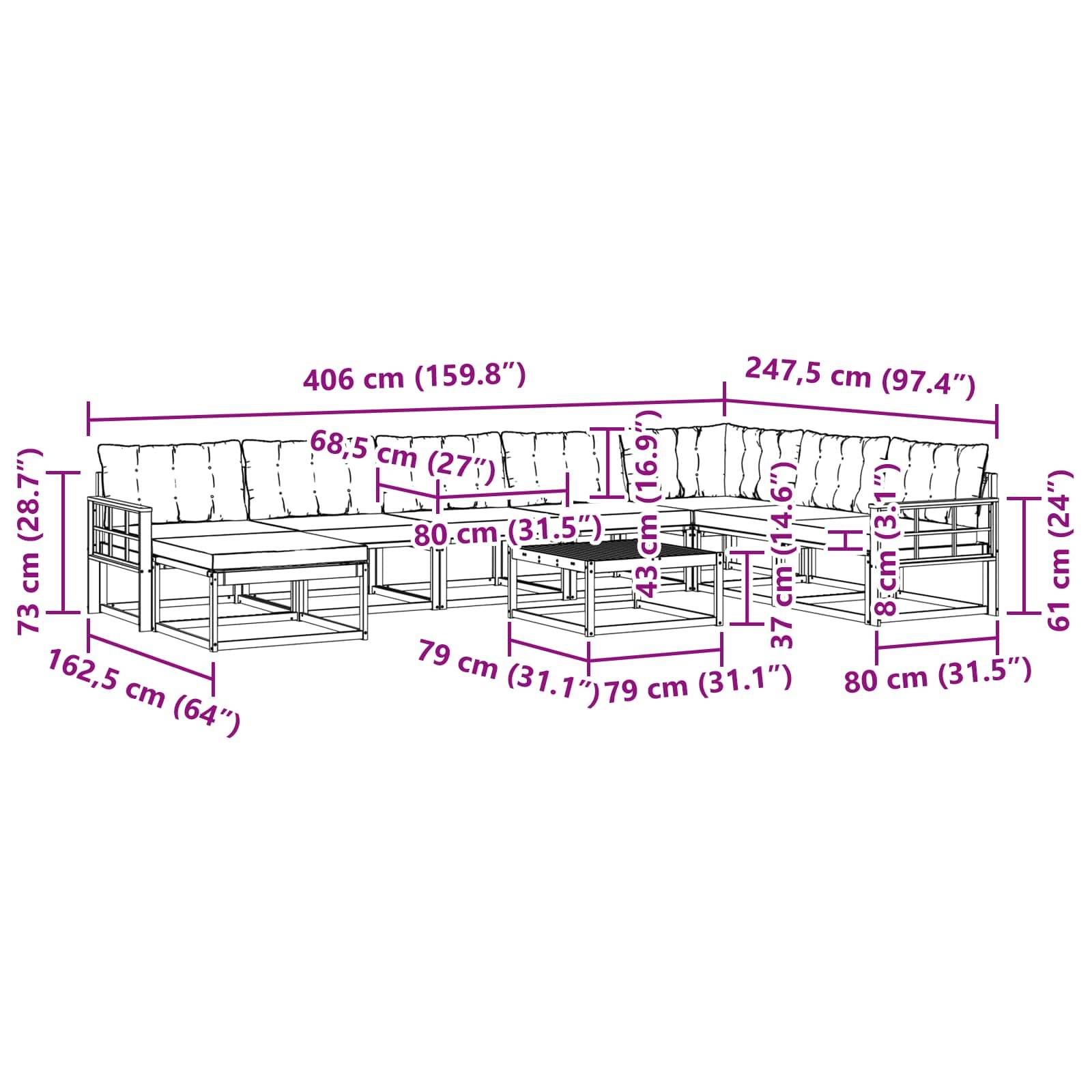 vidaXL Outdoor-Sofagarnitur 9 pcs Weiß und Hellgrau 79 x 79 x 37 cm