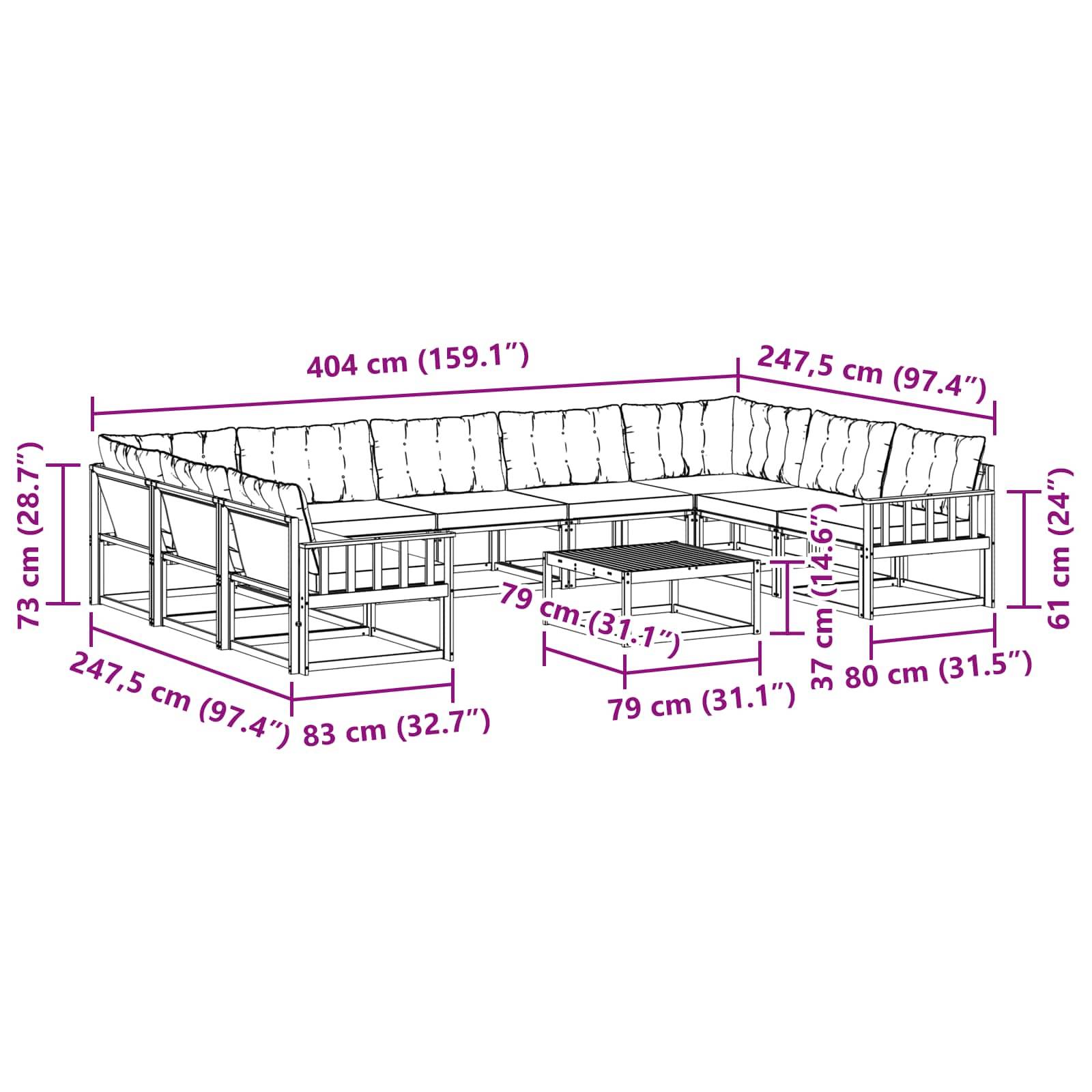 vidaXL Outdoor-Sofagarnitur mit Kissen 10 pcs Natürlich und Schwarz