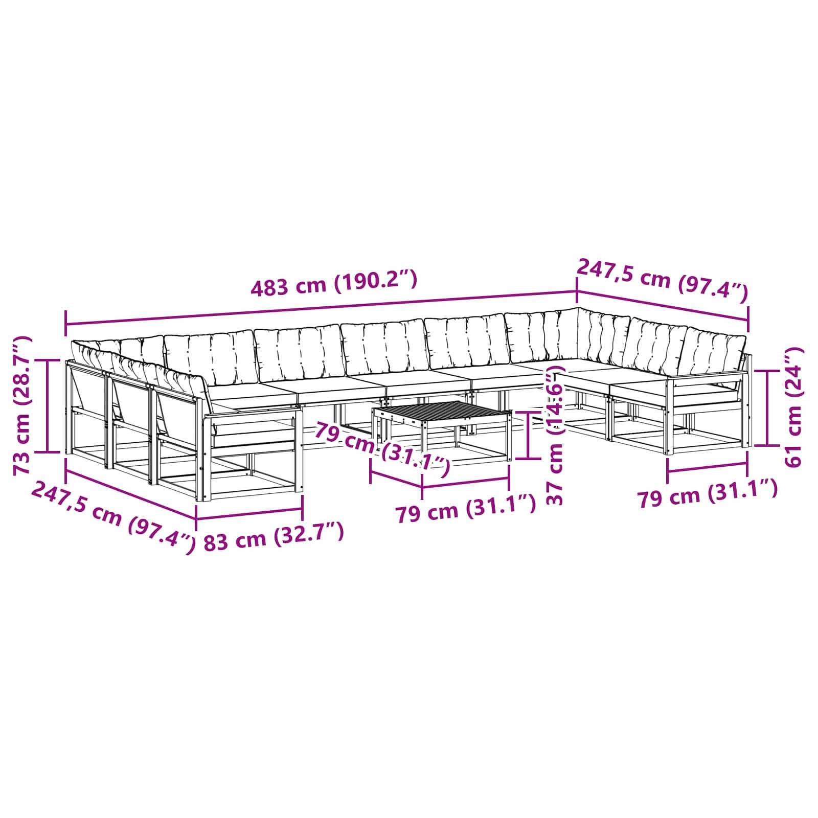 vidaXL Outdoor-Sofagarnitur mit Kissen 11 pcs Natürlich und Hellgrau