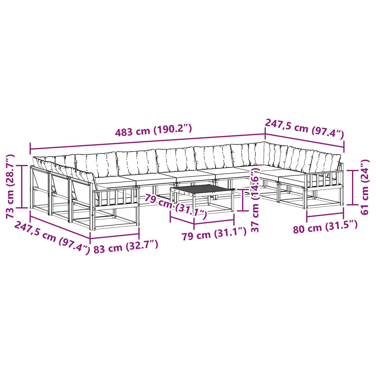 vidaXL Outdoor-Sofagarnitur mit Kissen 11 pcs Natürlich und Hellgrau